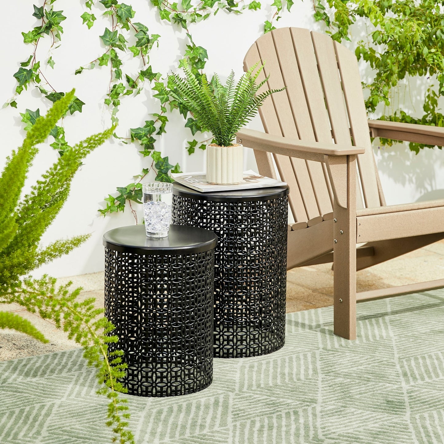 Glitzhome Set of 2 19.25H & 16.5H Multi-functional Metal Outdoor Table Garden Stool