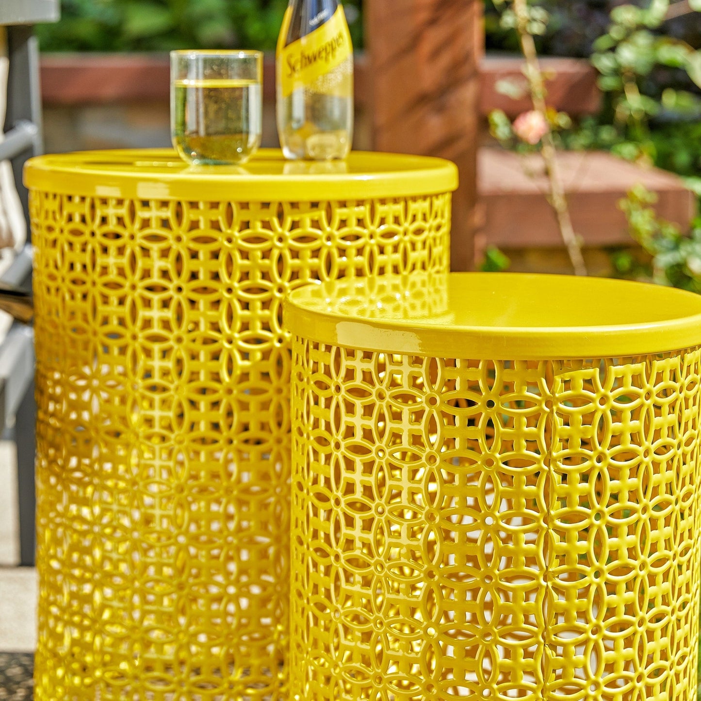 Glitzhome Set of 2 19.25H & 16.5H Multi-functional Metal Outdoor Table Garden Stool