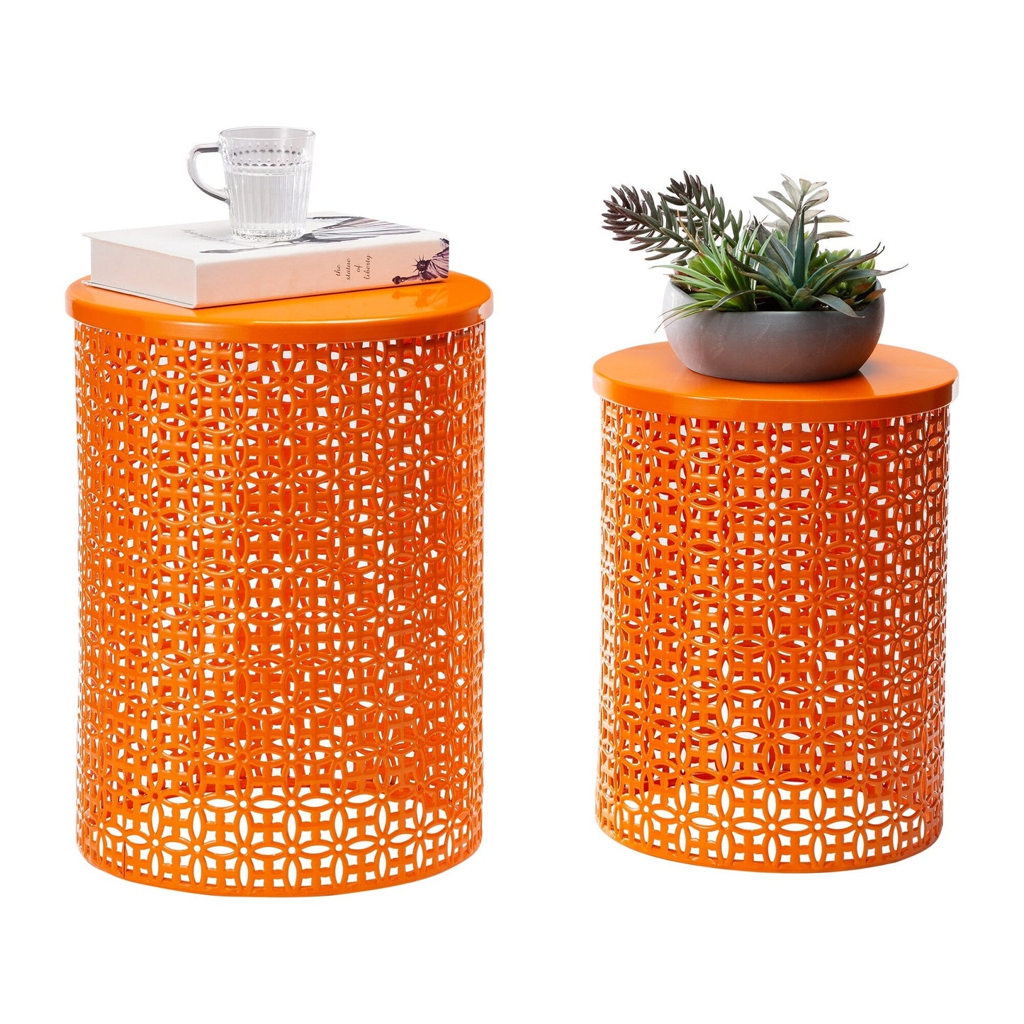 Glitzhome Set of 2 19.25H & 16.5H Multi-functional Metal Outdoor Table Garden Stool