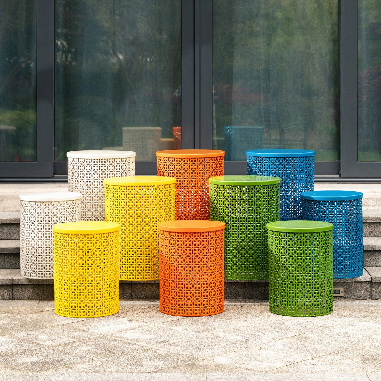 Glitzhome Set of 2 19.25H & 16.5H Multi-functional Metal Outdoor Table Garden Stool