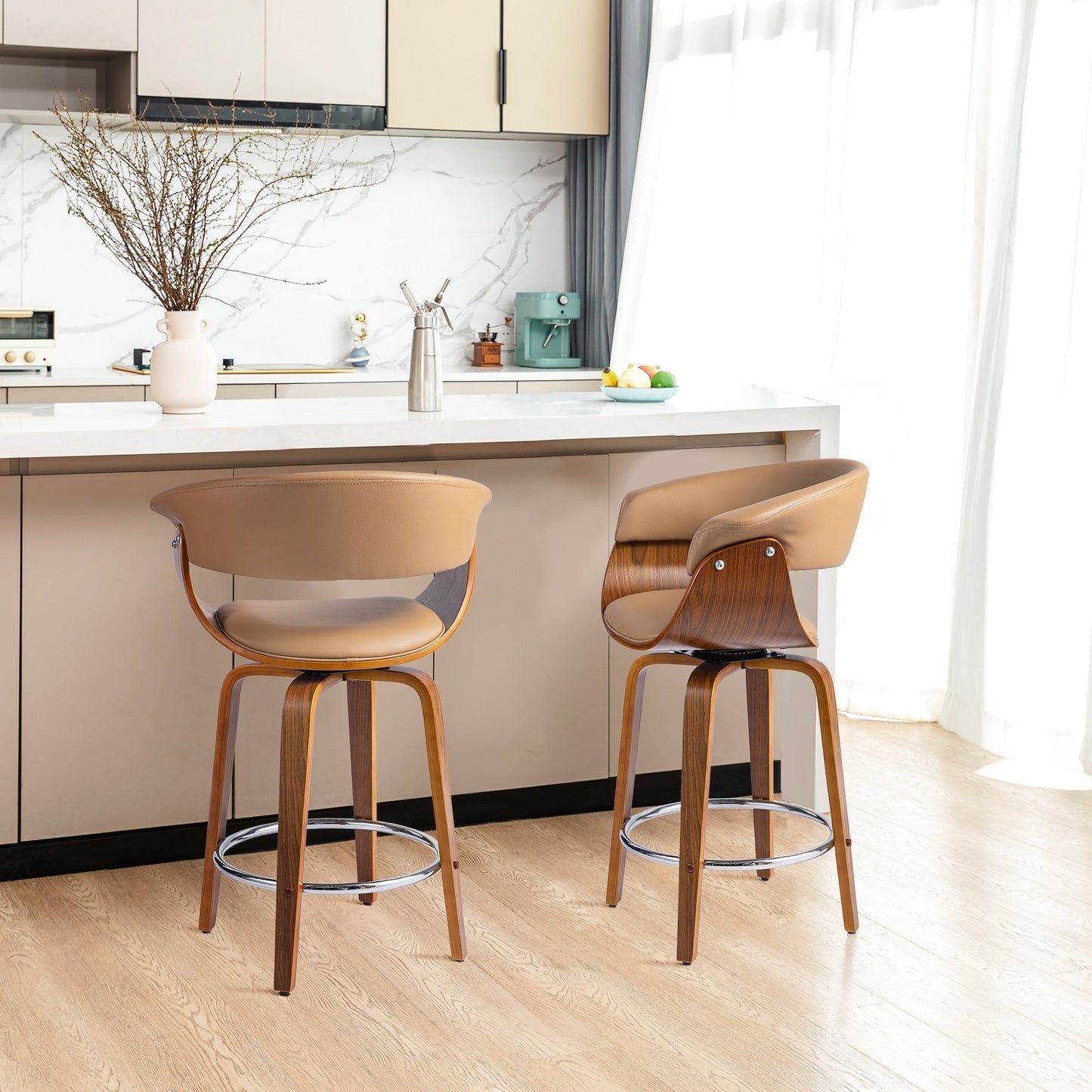 Glitzhome Set of 2 or 4 Modern Counter & Bar Height Wooden Swivel Bar Stools
