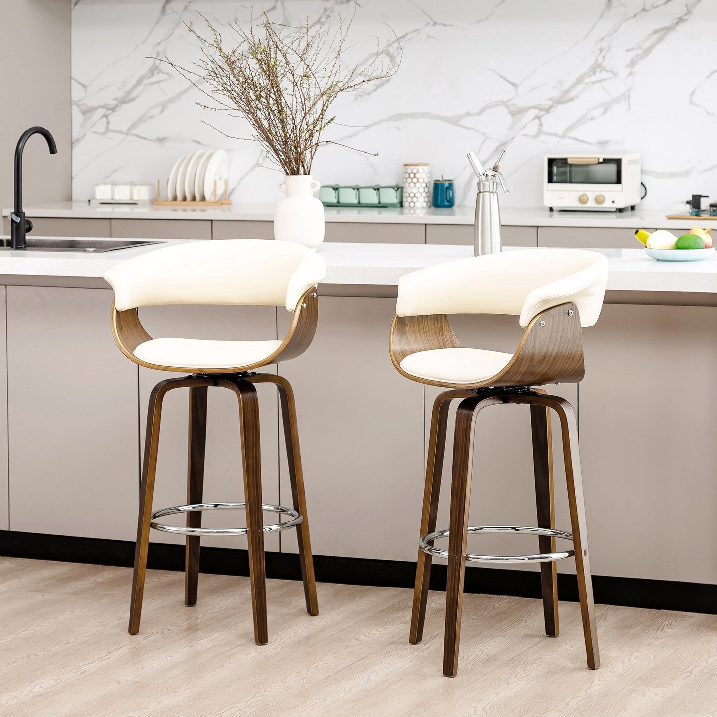 Glitzhome Set of 2 or 4 Modern Counter & Bar Height Wooden Swivel Bar Stools