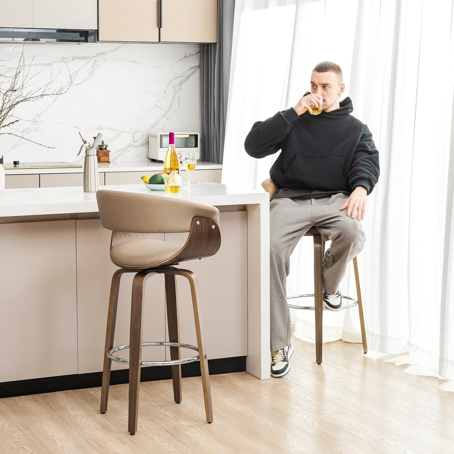 Glitzhome Set of 2 or 4 Modern Counter & Bar Height Wooden Swivel Bar Stools