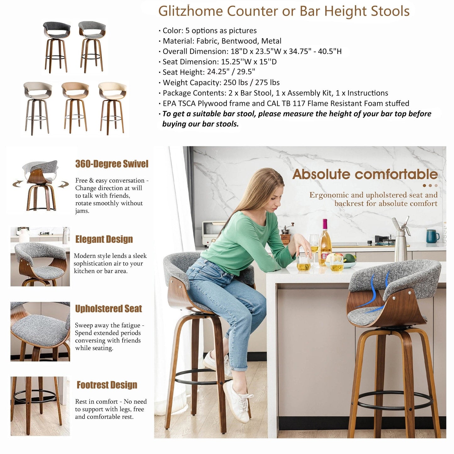 Glitzhome Set of 2 or 4 Modern Counter & Bar Height Wooden Swivel Bar Stools