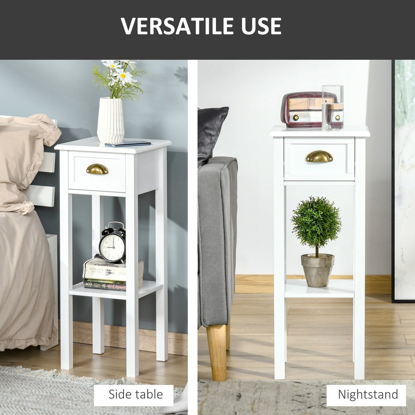 HOMCOM 2-Tier Night Stand with Drawer, Narrow End Table with Bottom Shelf, for Living Room or Bedroom