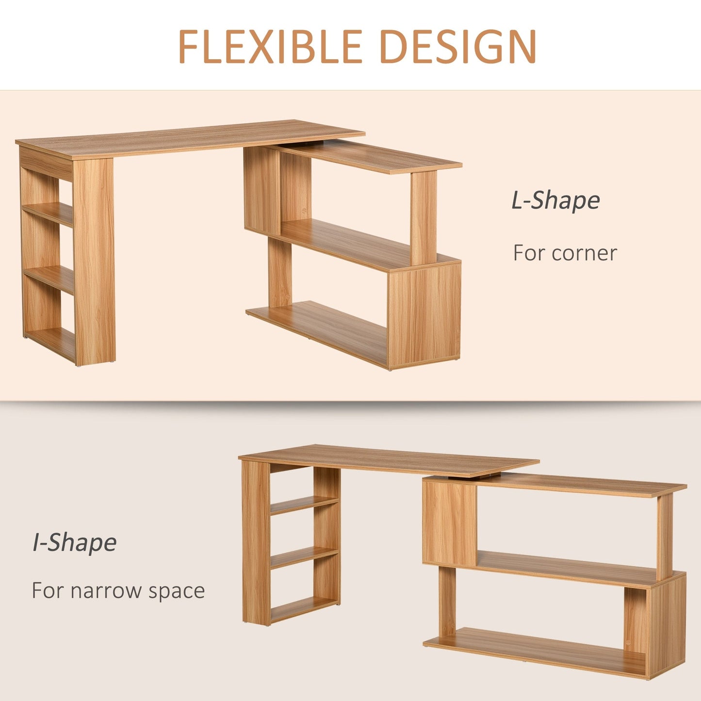 HomCom Modern L Shaped Rotating Computer Desk with Bookshelves
