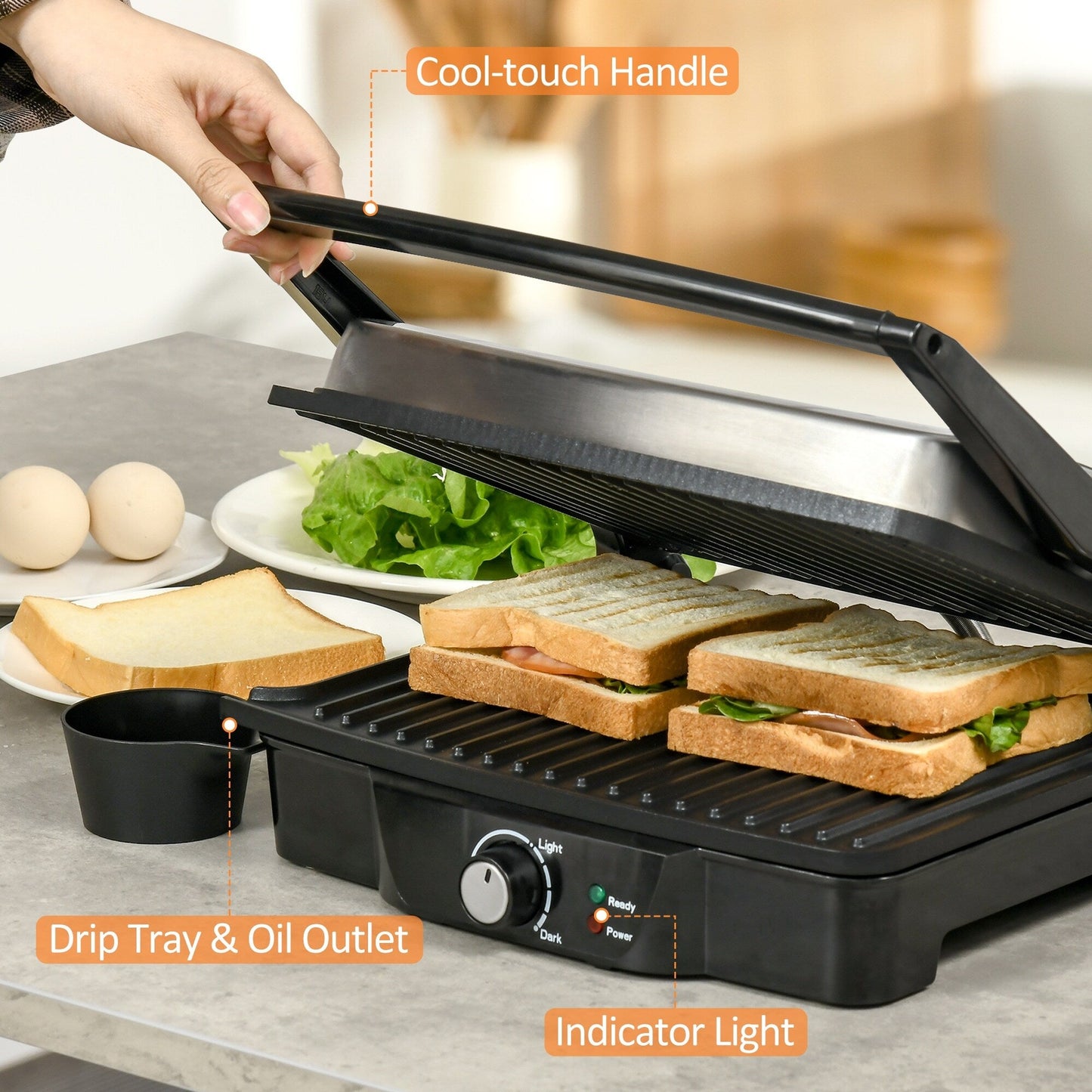 HOMCOM Large Panini Press Sandwich Maker and Grill, Cooking Gift - 13.75 L x 12.75 W x 4.75 H