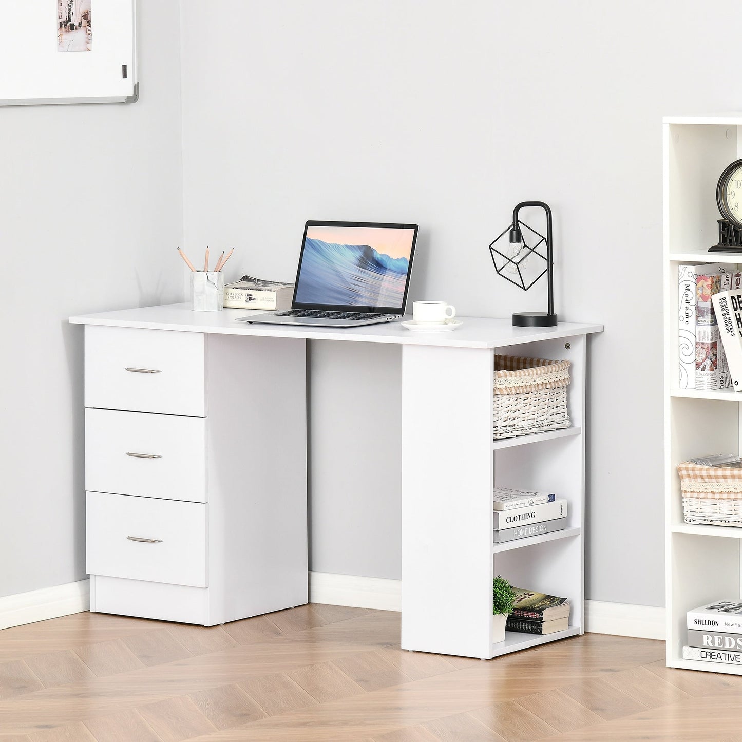 HOMCOM 47 Modern Home Office Computer Desk Bookcase Combo Writing Table Workstation with 3 Drawer and Storage Shelf - White