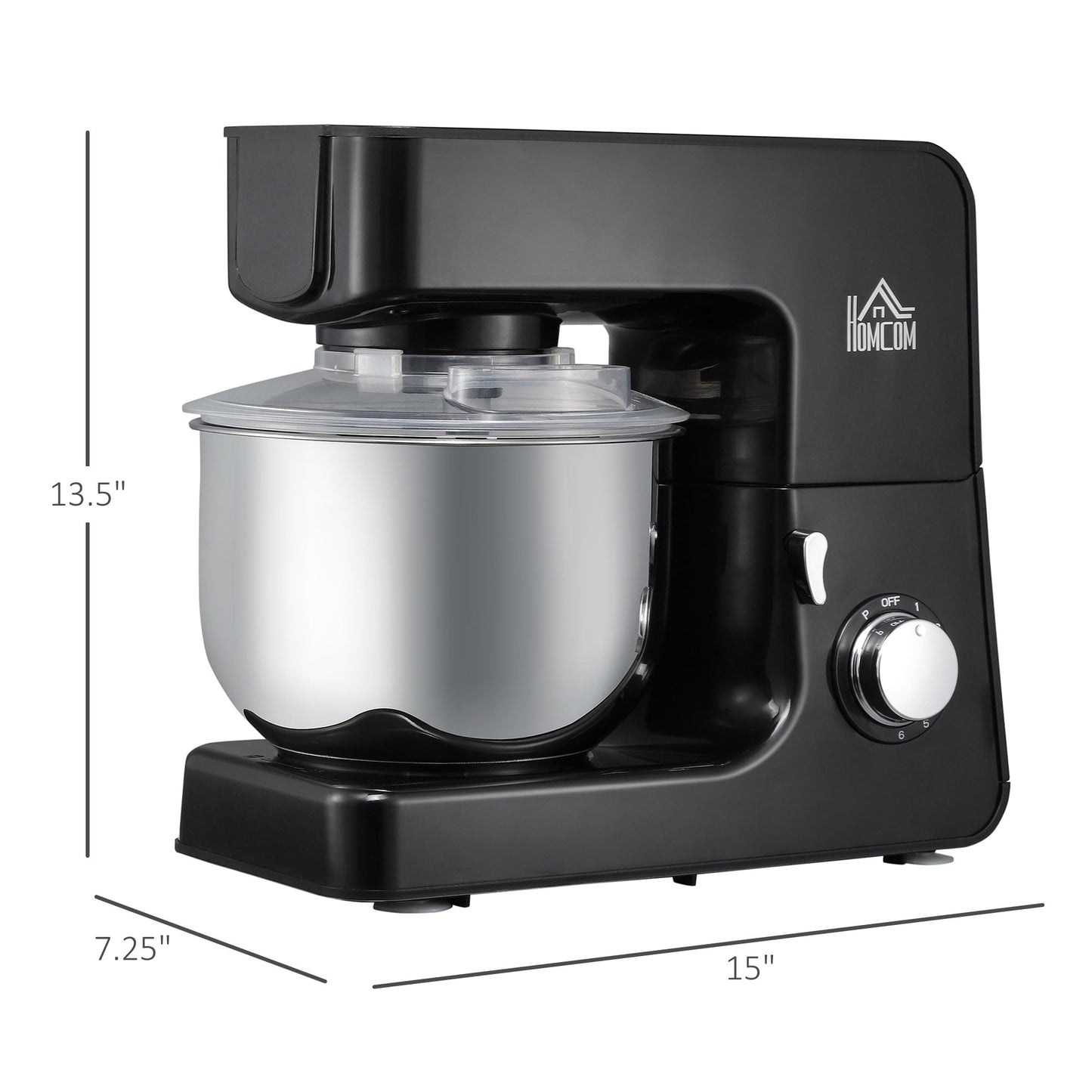 HOMCOM Stand Mixer with Splash Guard, Electric Hand Mixer Set with 6 qt. Large Mixing Bowl - 15 x 7.25 x 13.5