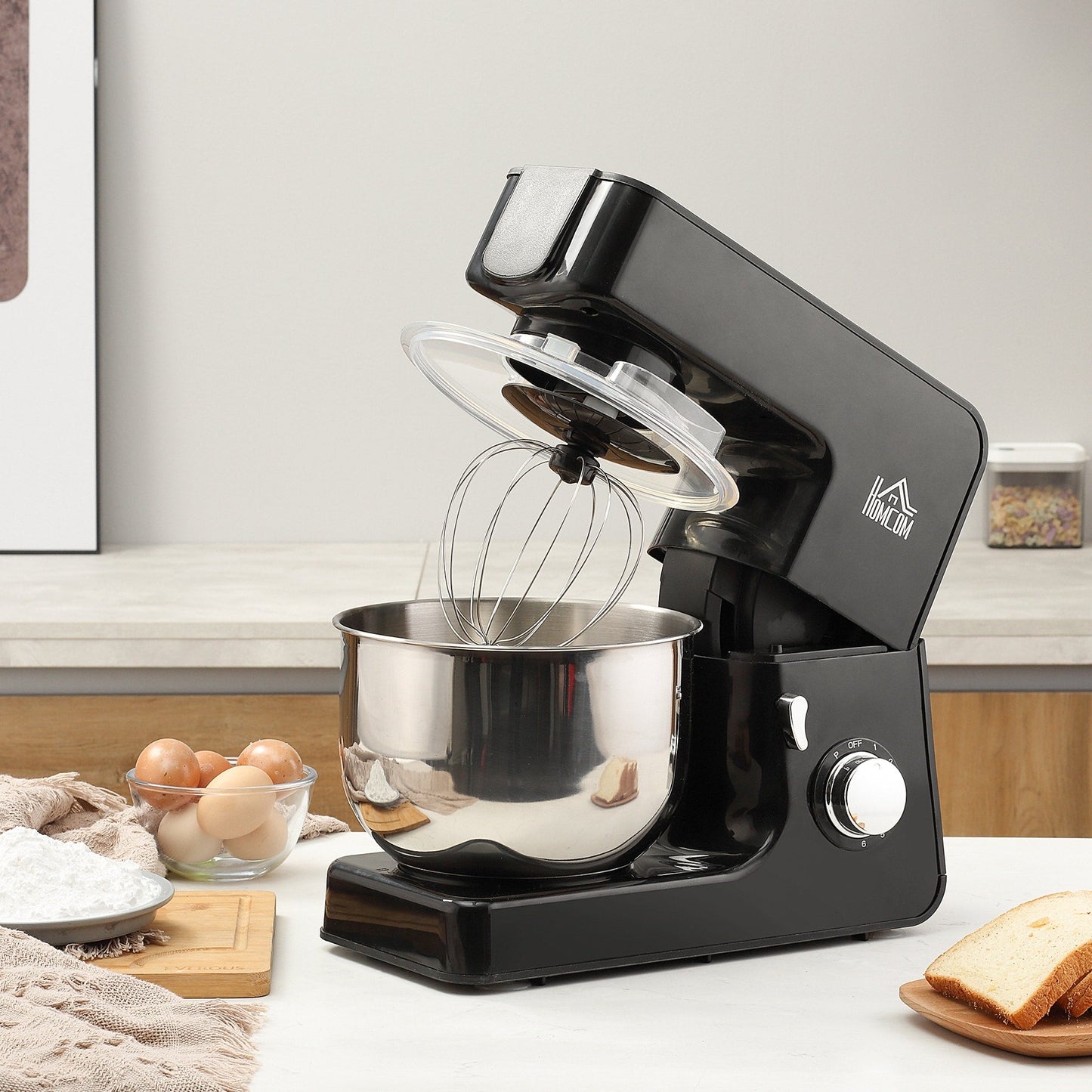HOMCOM Stand Mixer with Splash Guard, Electric Hand Mixer Set with 6 qt. Large Mixing Bowl - 15 x 7.25 x 13.5
