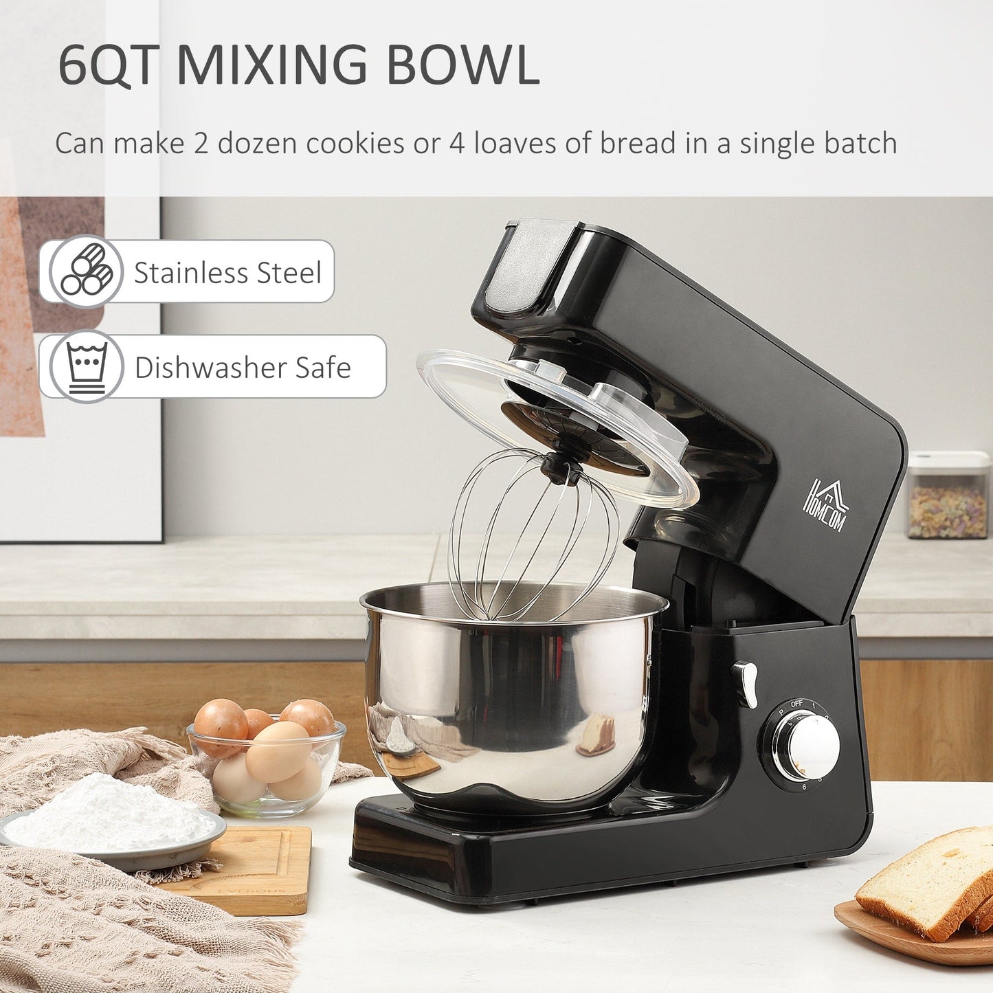 HOMCOM Stand Mixer with Splash Guard, Electric Hand Mixer Set with 6 qt. Large Mixing Bowl - 15 x 7.25 x 13.5