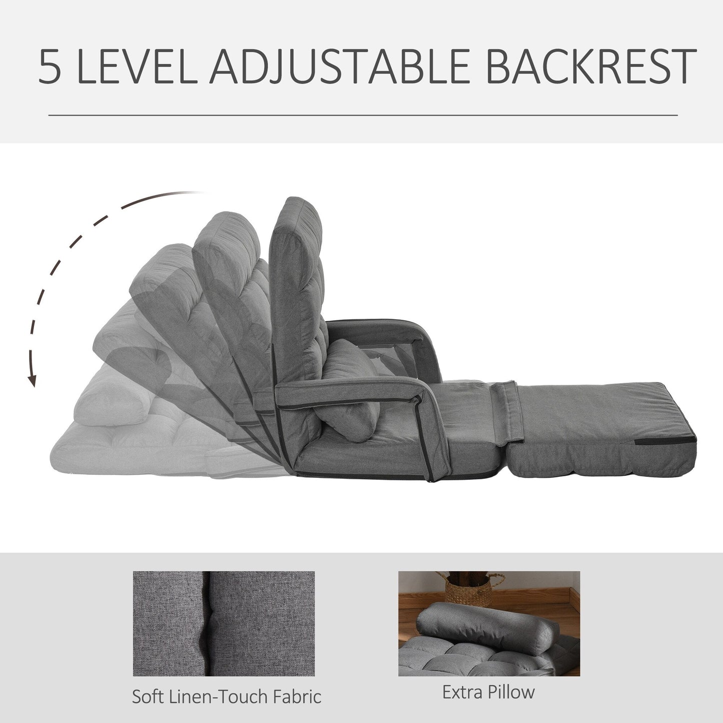 Canapé-lit convertible HOMCOM, fauteuil inclinable rembourré avec coussin pour salon, chambre à coucher, gris