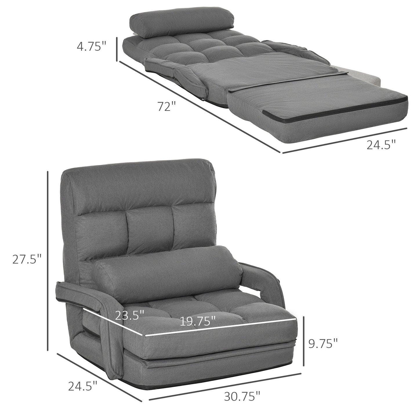 Canapé-lit convertible HOMCOM, fauteuil inclinable rembourré avec coussin pour salon, chambre à coucher, gris