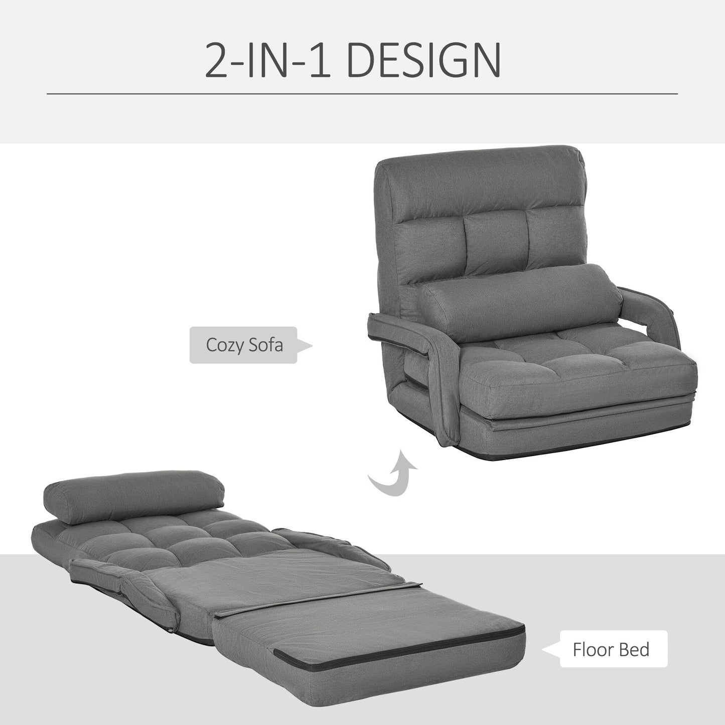 Canapé-lit convertible HOMCOM, fauteuil inclinable rembourré avec coussin pour salon, chambre à coucher, gris