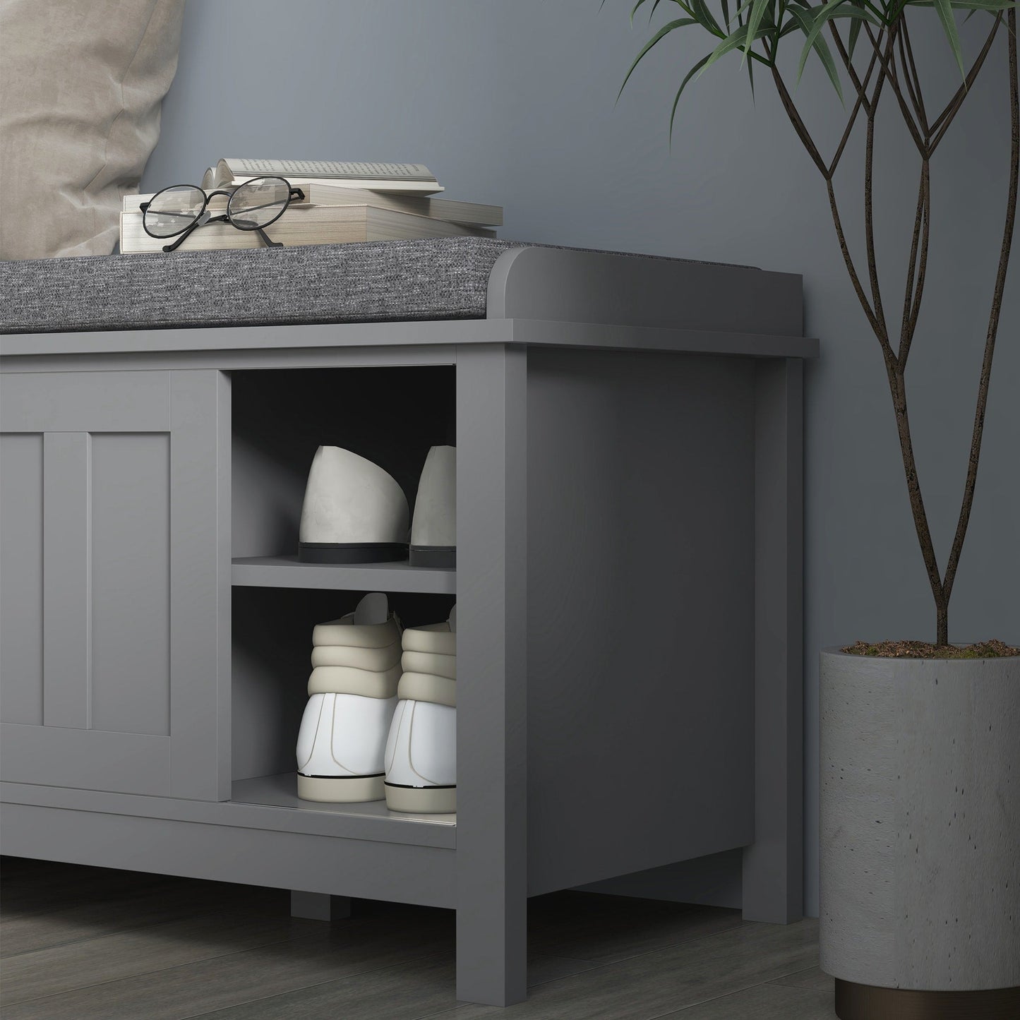 HOMCOM Entryway Shoe Bench Storage Ottoman with Adjustable Shelving, 6 Compartments, and Padded Seat, White/Grey