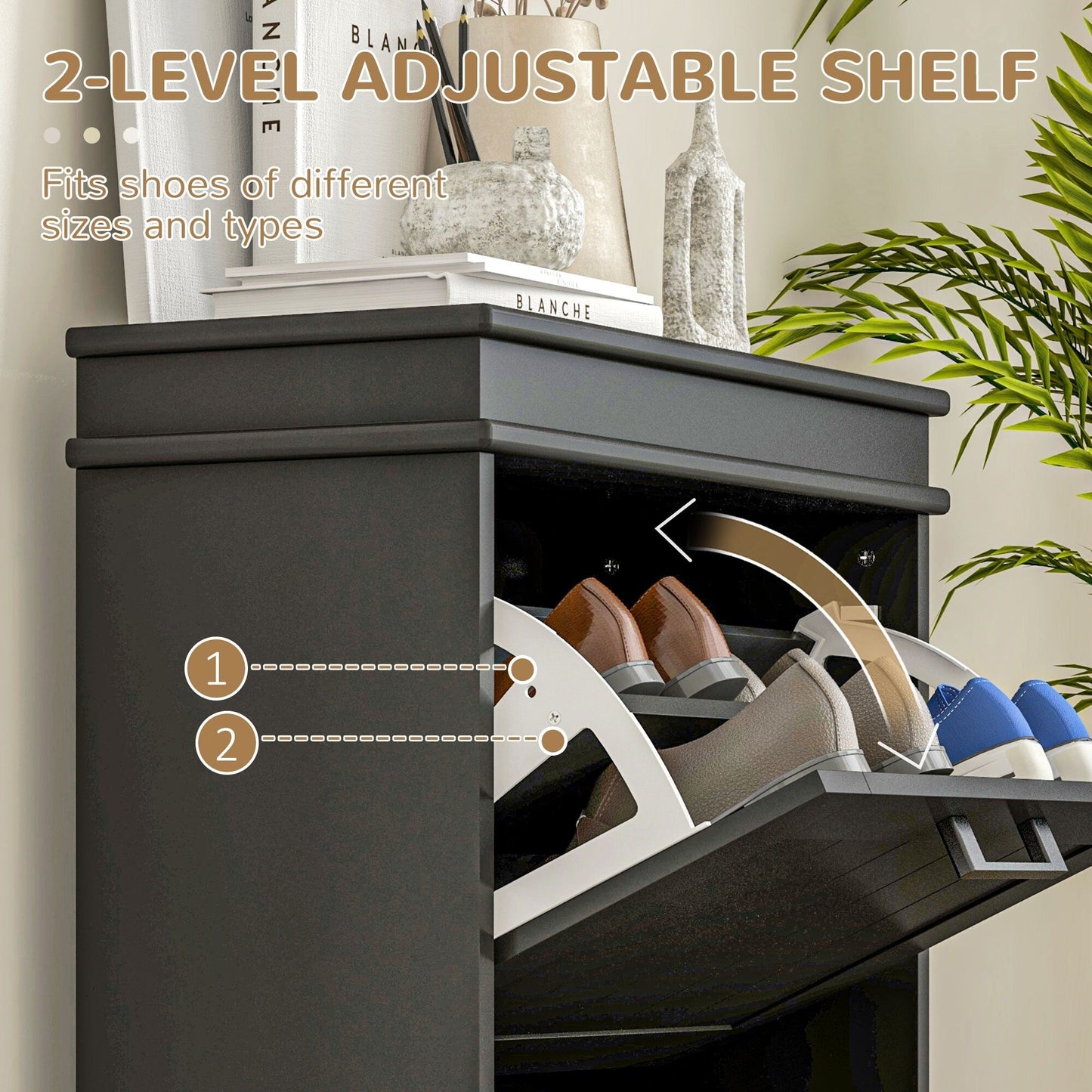 HOMCOM Shoe Cabinet for Entryway, Narrow Shoe Rack Storage Organizer with 2 Flip Drawers and Adjustable Shelves