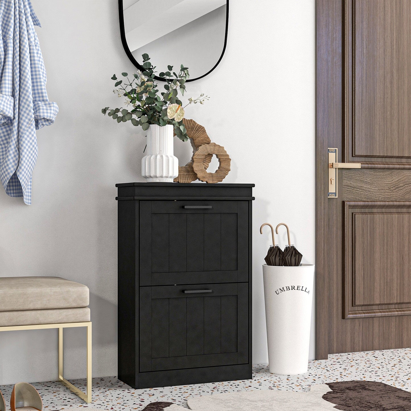 HOMCOM Shoe Cabinet for Entryway, Narrow Shoe Rack Storage Organizer with 2 Flip Drawers and Adjustable Shelves