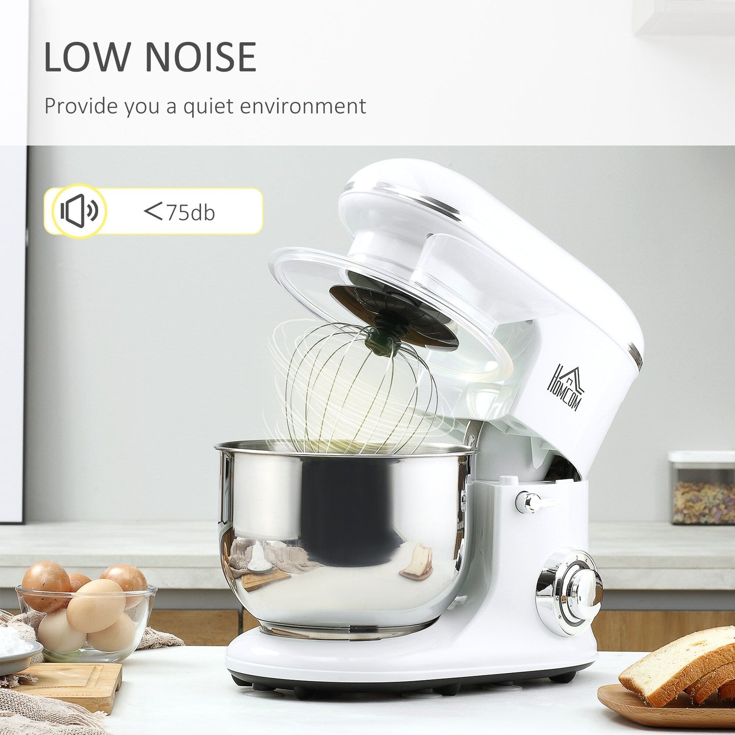 HOMCOM Stand Mixer with Splash Guard, Electric Hand Mixer Set with 6 qt. Large Mixing Bowl - 14.5 x 9 x 14.5