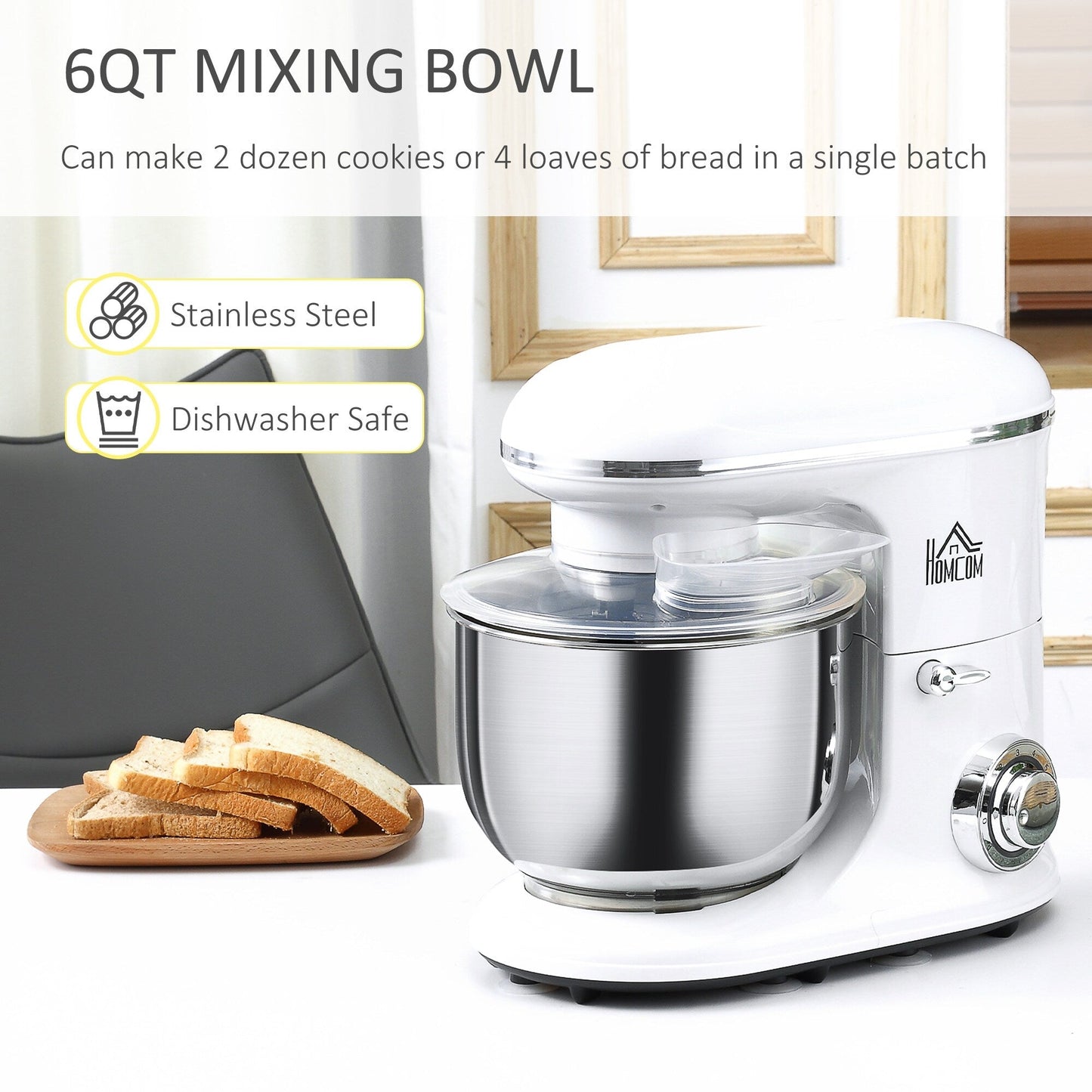 HOMCOM Stand Mixer with Splash Guard, Electric Hand Mixer Set with 6 qt. Large Mixing Bowl - 14.5 x 9 x 14.5