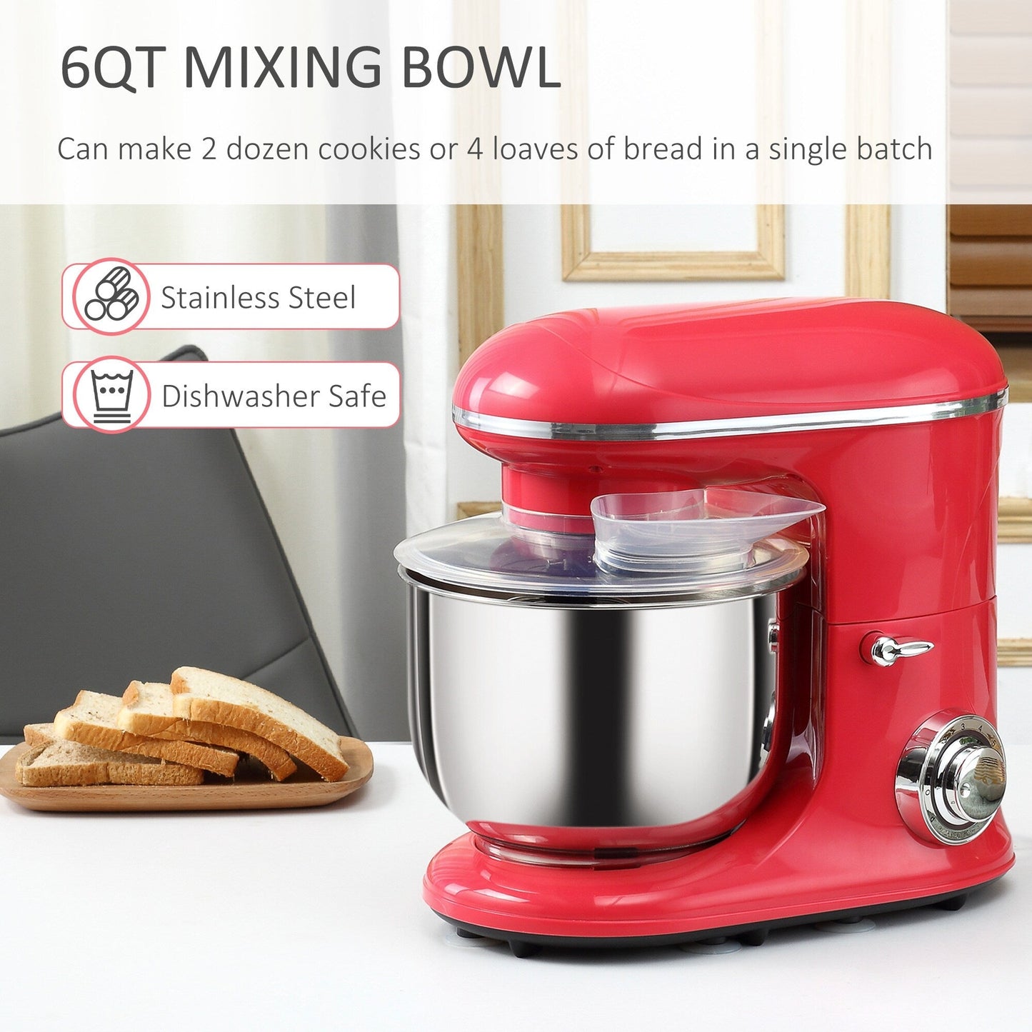 HOMCOM Stand Mixer with Splash Guard, Electric Hand Mixer Set with 6 qt. Large Mixing Bowl - 14.5 x 9 x 14.5