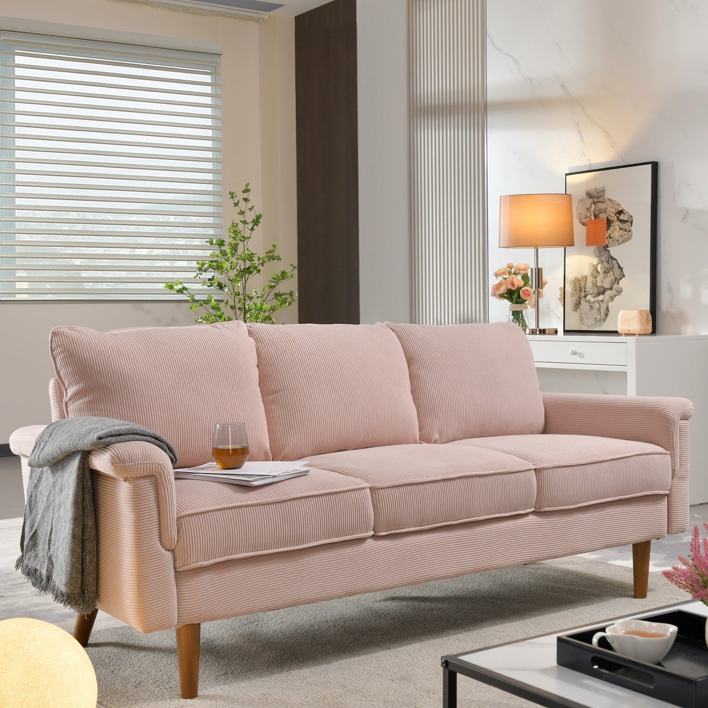 Canapé 3 places moderne en tissu polyester avec accoudoirs larges