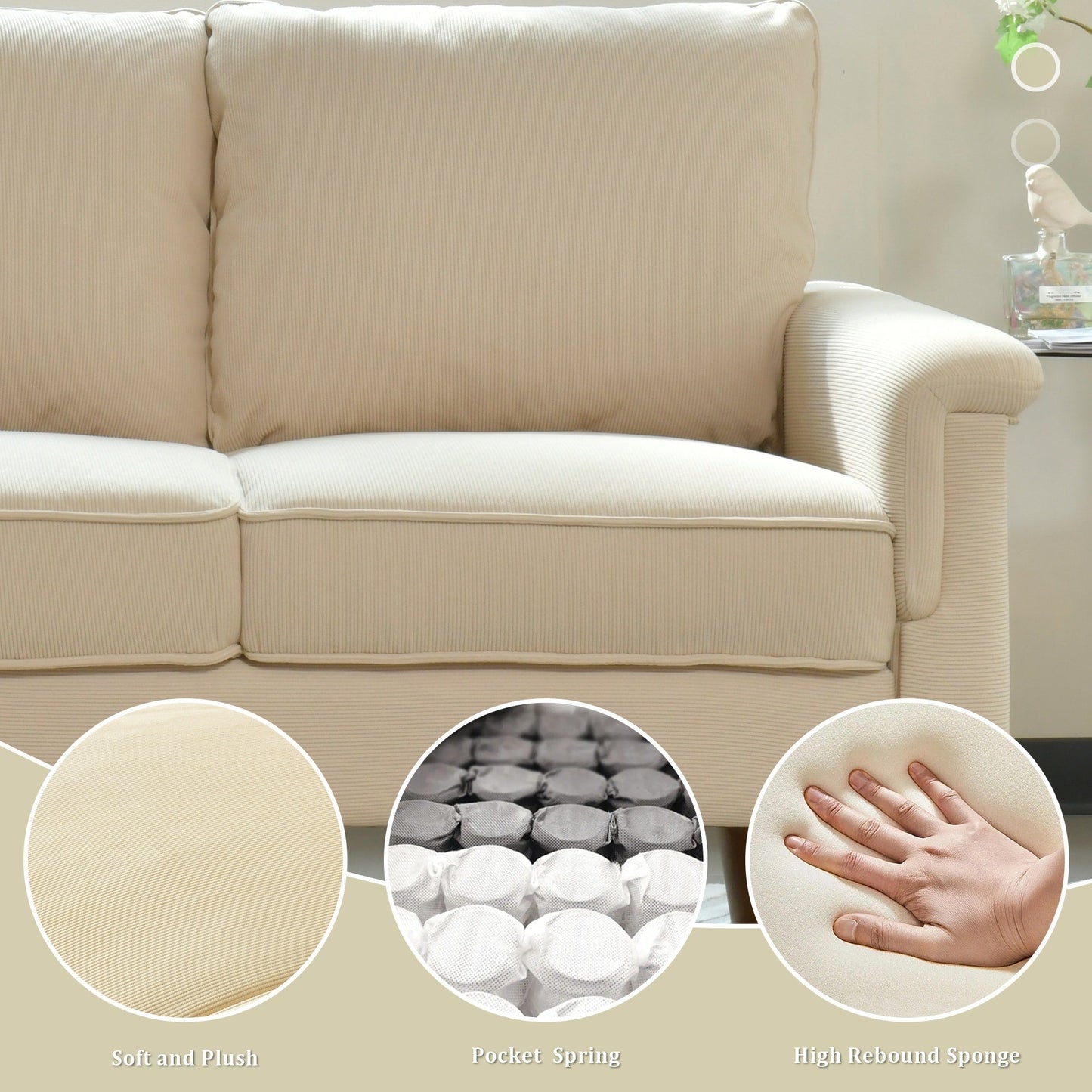 Canapé 3 places moderne en tissu polyester avec accoudoirs larges