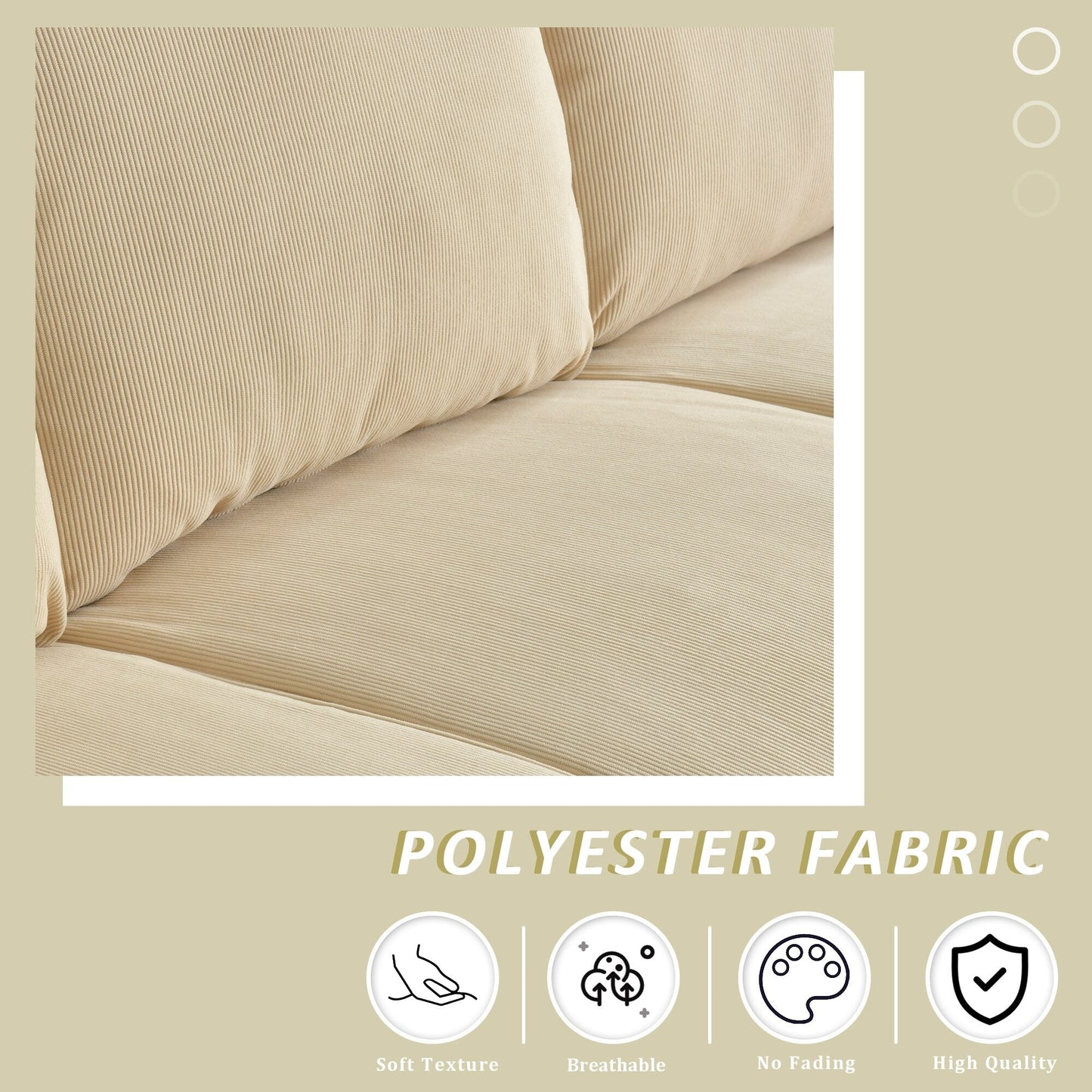 Canapé 3 places moderne en tissu polyester avec accoudoirs larges