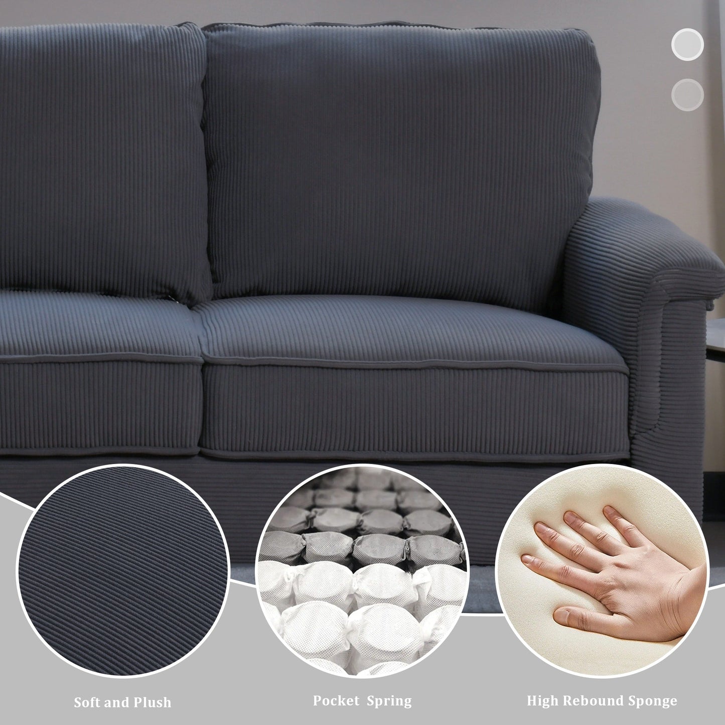 Canapé 3 places moderne en tissu polyester avec accoudoirs larges