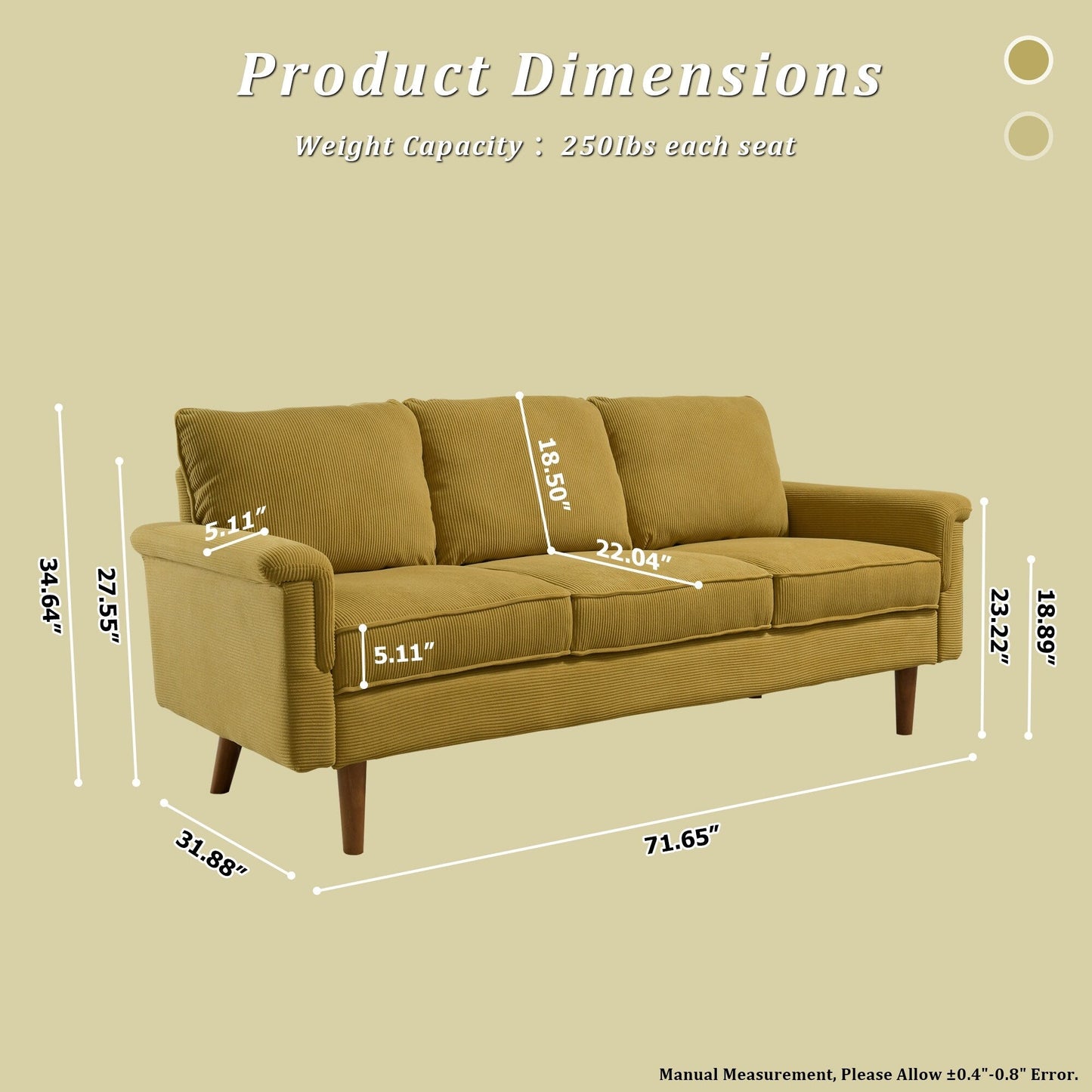 Canapé 3 places moderne en tissu polyester avec accoudoirs larges
