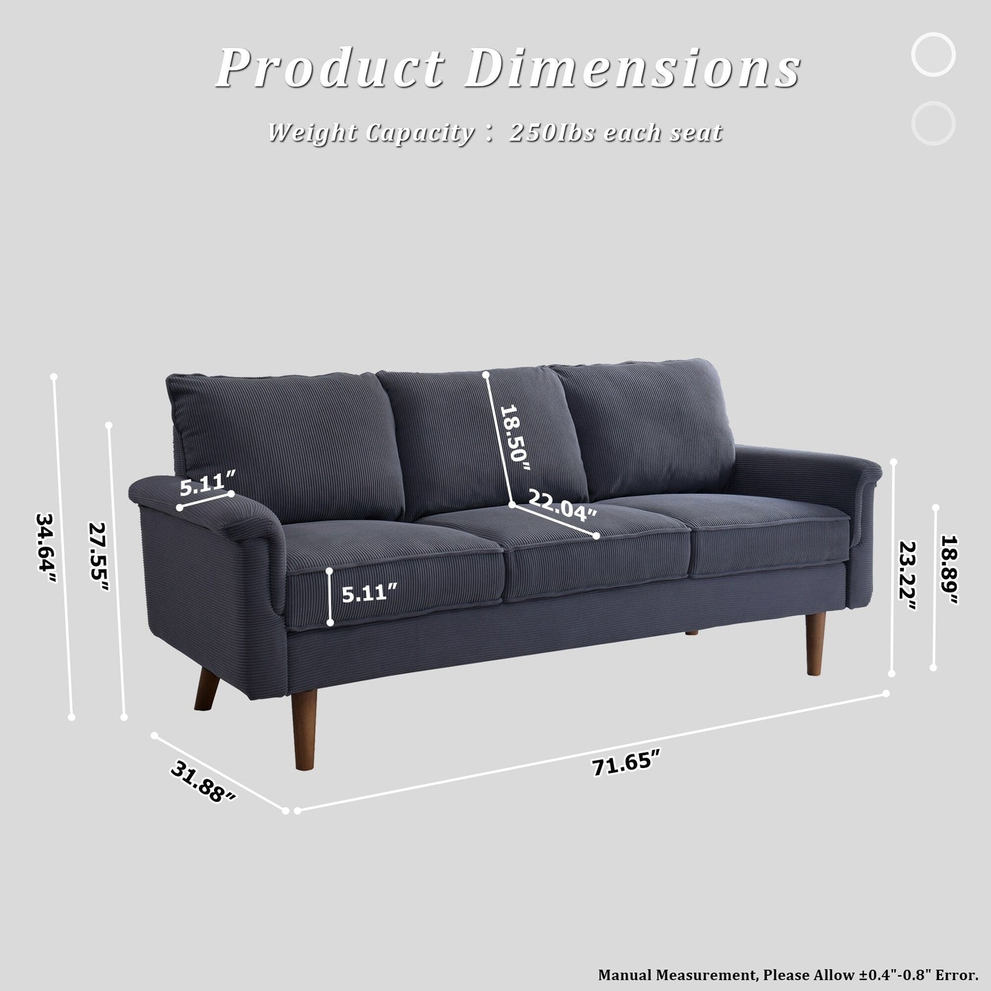 Canapé 3 places moderne en tissu polyester avec accoudoirs larges