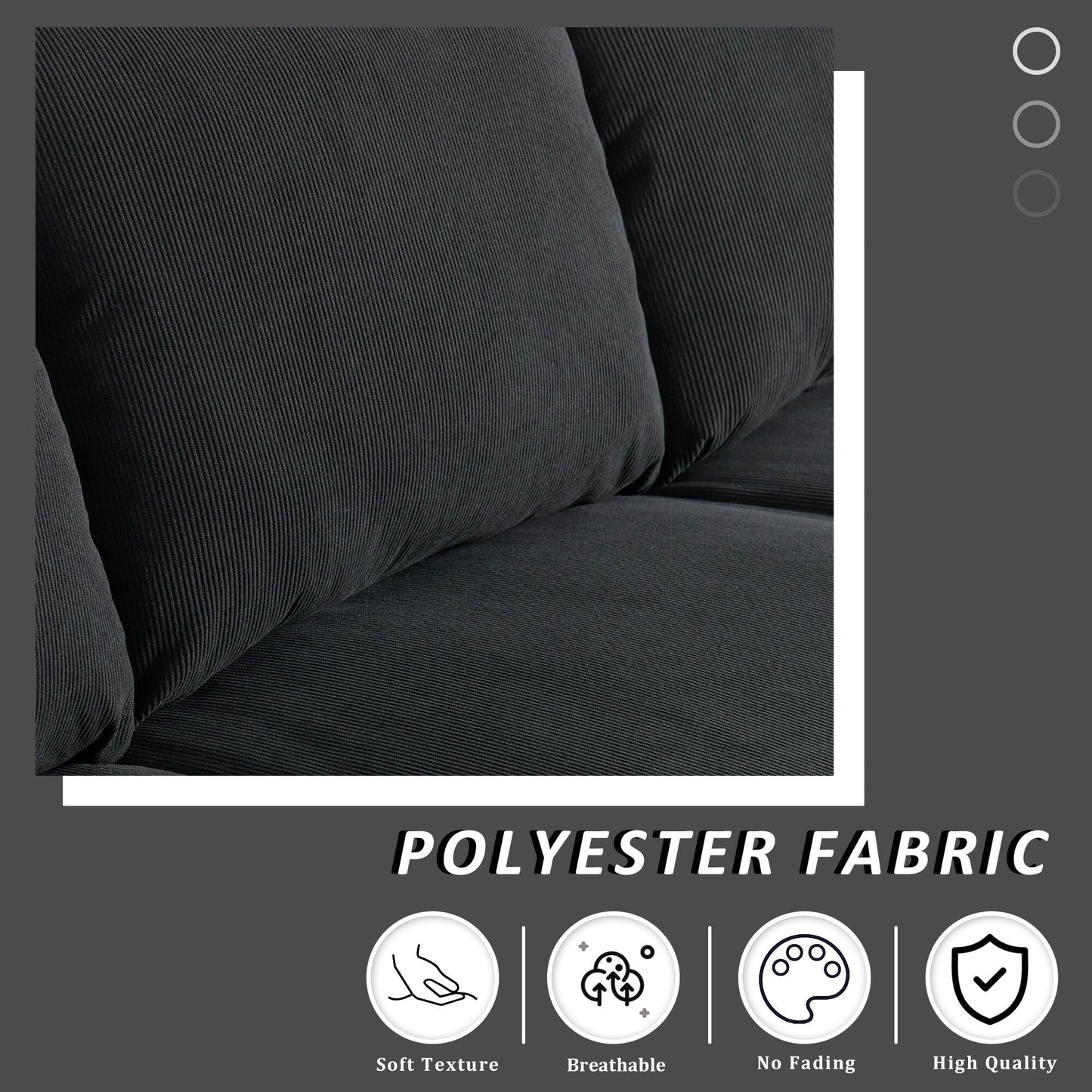 Canapé 3 places moderne en tissu polyester avec accoudoirs larges