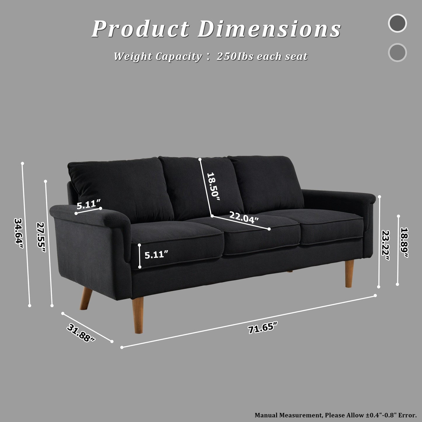 Canapé 3 places moderne en tissu polyester avec accoudoirs larges