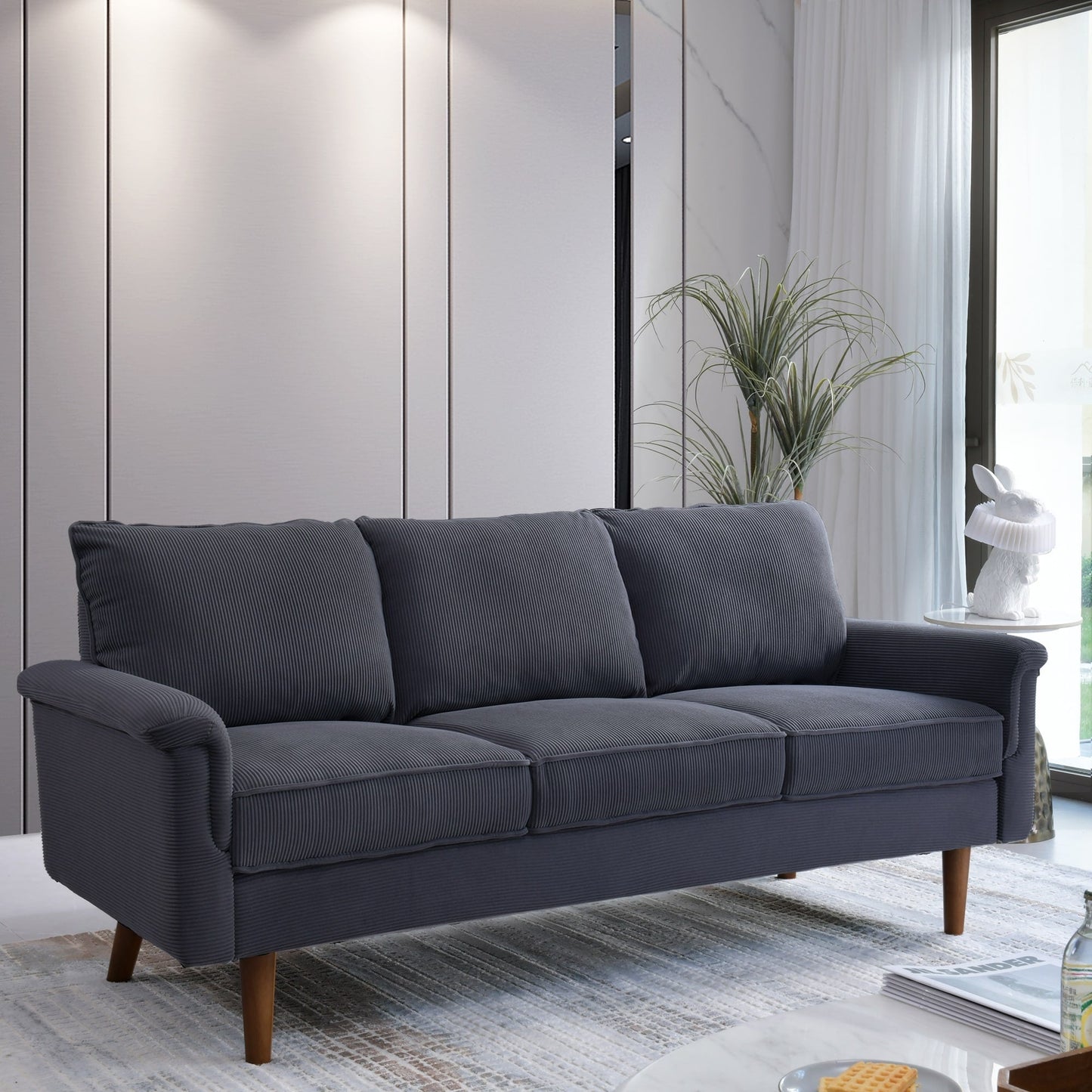 Canapé 3 places moderne en tissu polyester avec accoudoirs larges