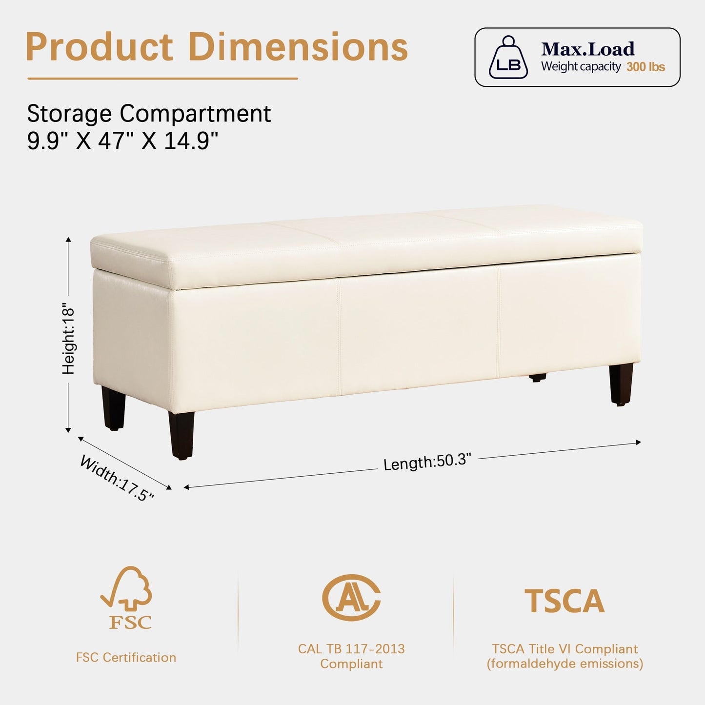 50.3 x 17.50 x 18 Upholstered Rectangular Storage Ottoman-Faux Leather