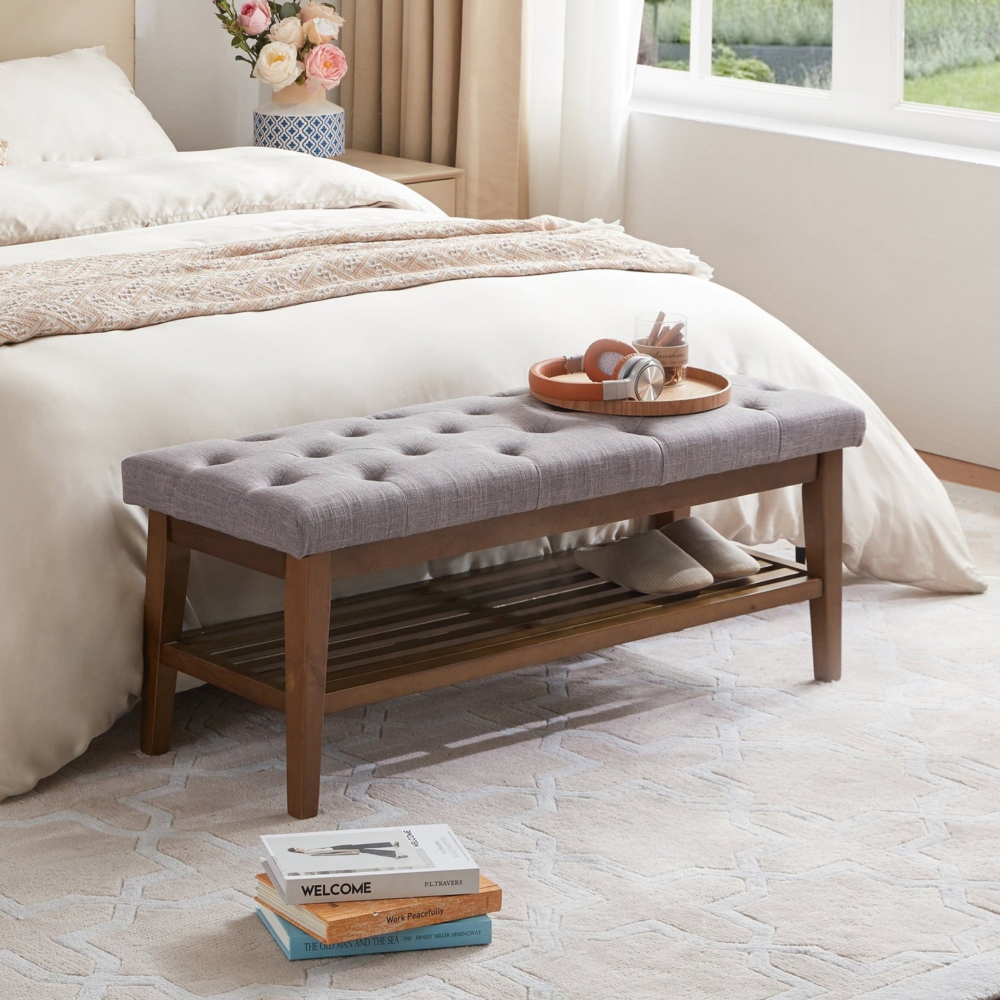 Entryway Shoe Bench Storage Bench Fabric Solid Wood, 43-inch Upholstered Bench for Living Room, Bedrooms