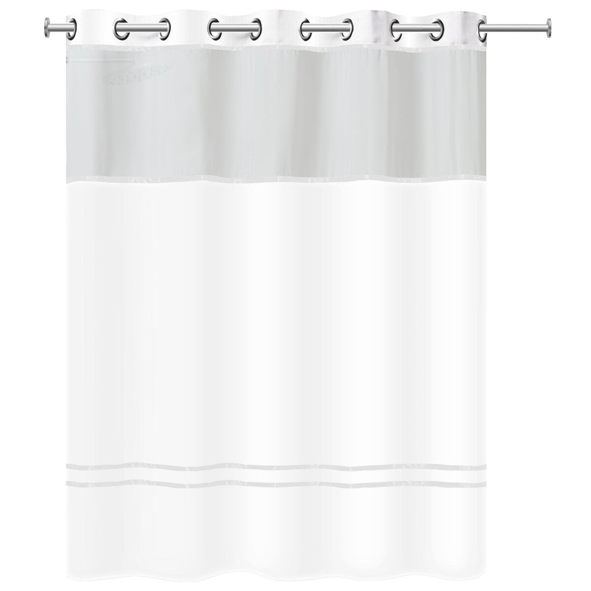 Rideau de douche 3 en 1 Hookless Escape avec fenêtre supérieure transparente, anneaux flexibles et doublure en tissu