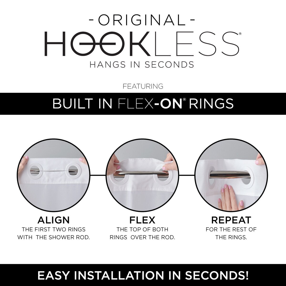 Rideau de douche 3 en 1 Hookless Escape avec fenêtre supérieure transparente, anneaux flexibles et doublure en tissu