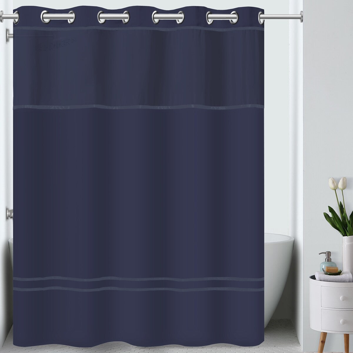 Rideau de douche 3 en 1 Hookless Escape avec fenêtre supérieure transparente, anneaux flexibles et doublure en tissu