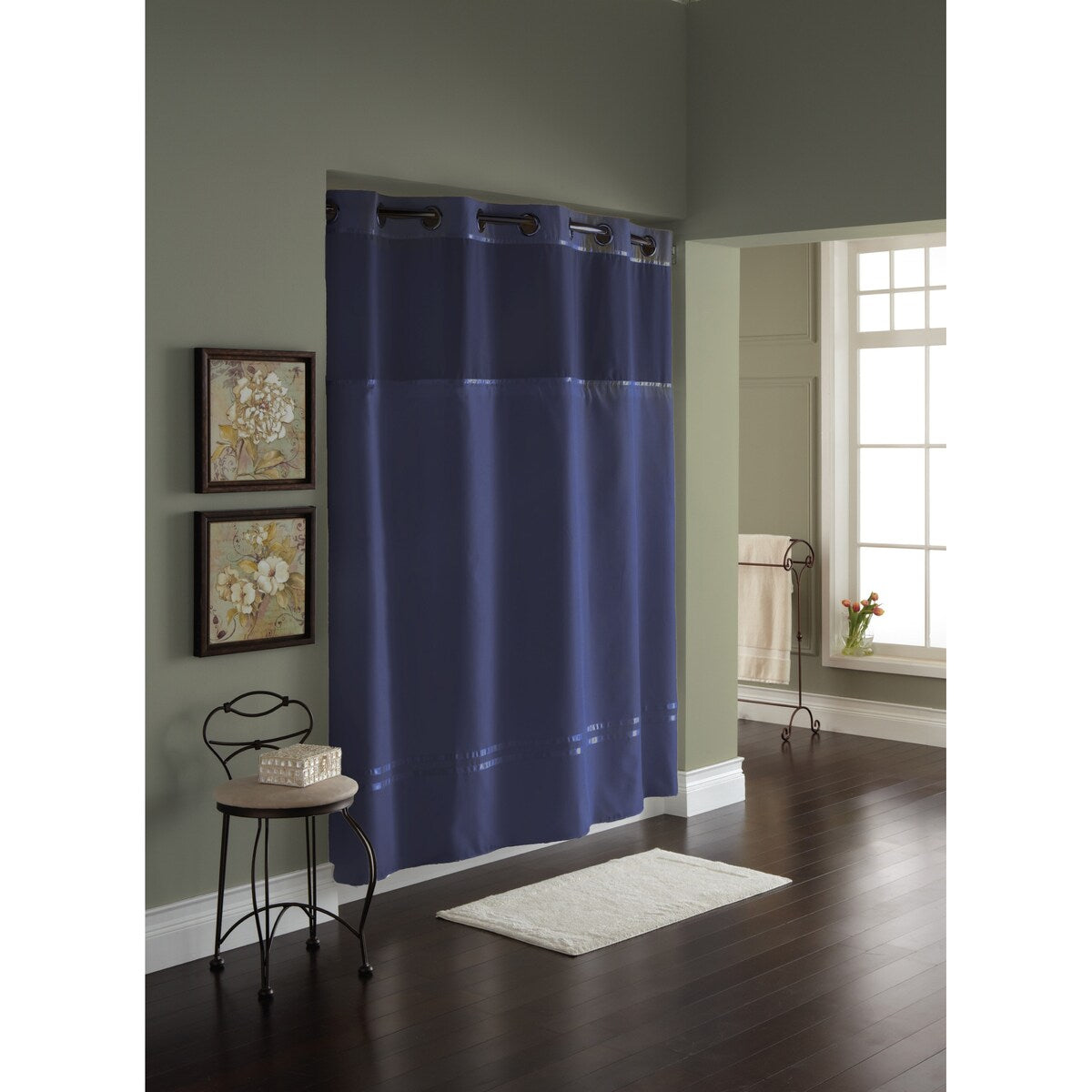 Rideau de douche 3 en 1 Hookless Escape avec fenêtre supérieure transparente, anneaux flexibles et doublure en tissu