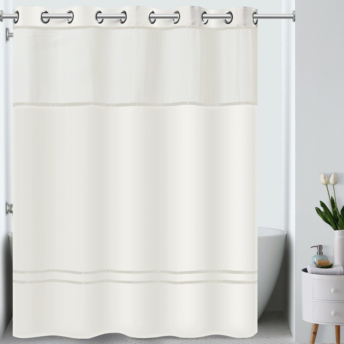 Rideau de douche 3 en 1 Hookless Escape avec fenêtre supérieure transparente, anneaux flexibles et doublure en tissu