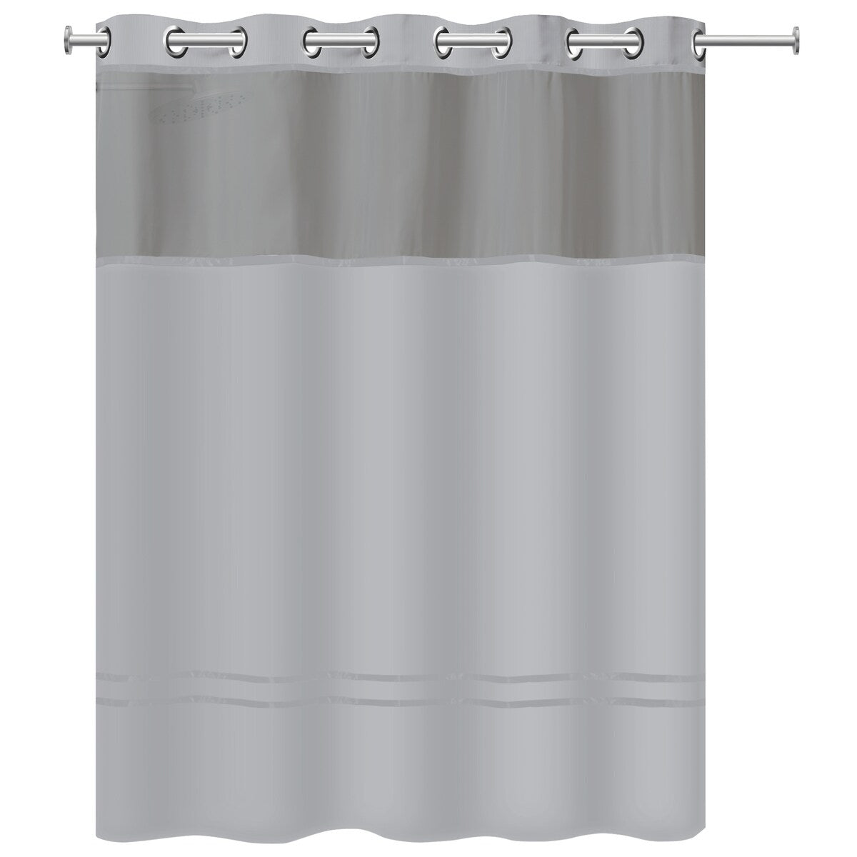Rideau de douche 3 en 1 Hookless Escape avec fenêtre supérieure transparente, anneaux flexibles et doublure en tissu