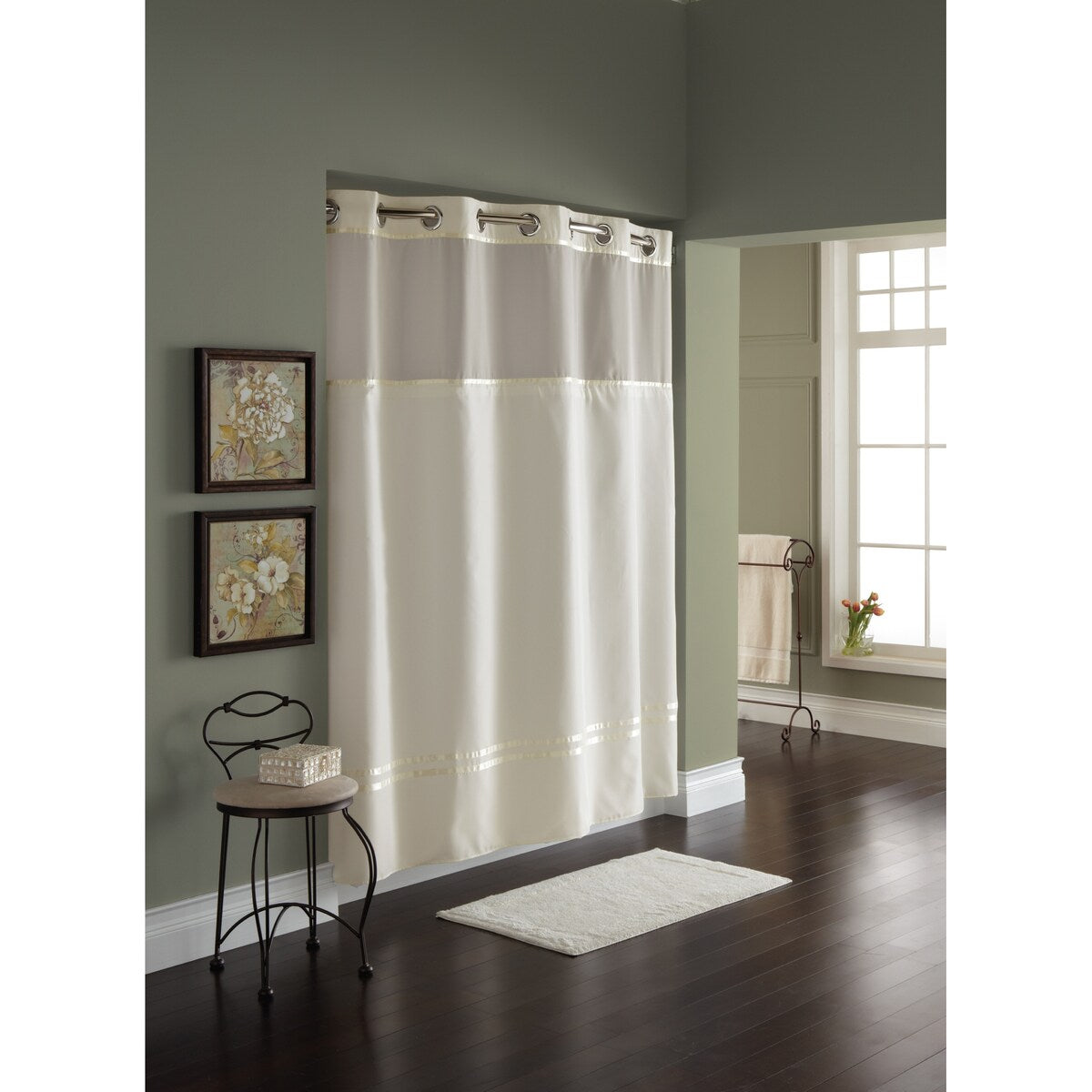 Rideau de douche 3 en 1 Hookless Escape avec fenêtre supérieure transparente, anneaux flexibles et doublure en tissu