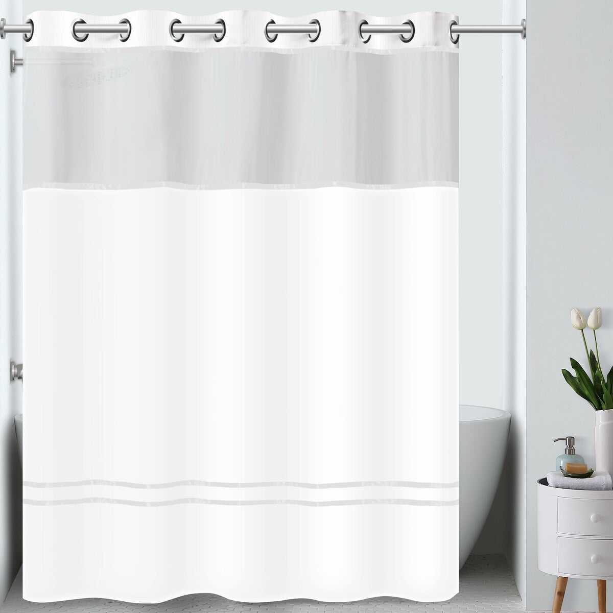 Rideau de douche 3 en 1 Hookless Escape avec fenêtre supérieure transparente, anneaux flexibles et doublure en tissu
