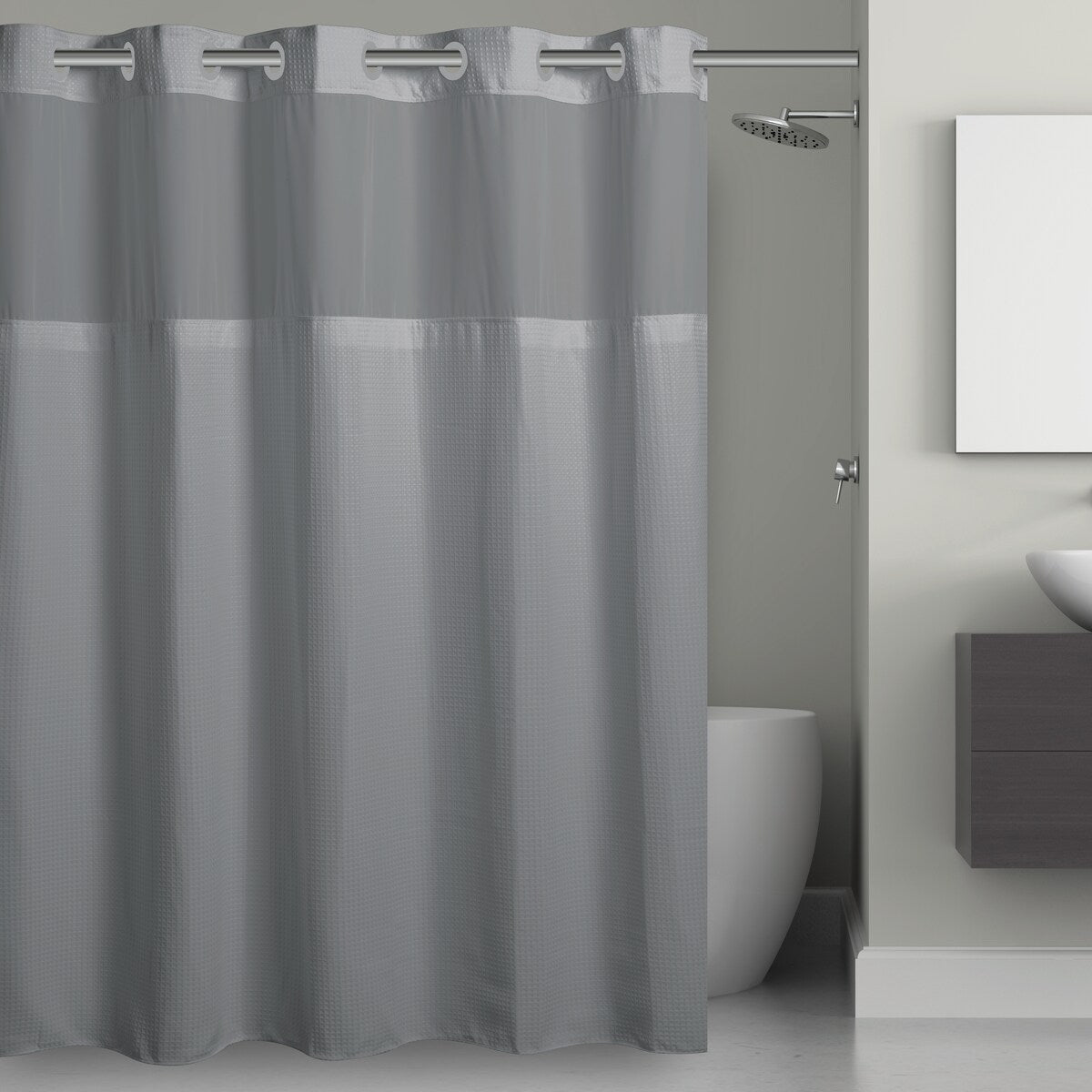Rideau de douche 3 en 1 en microfibre sans crochets avec fenêtre supérieure transparente, anneaux flexibles et doublure PEVA