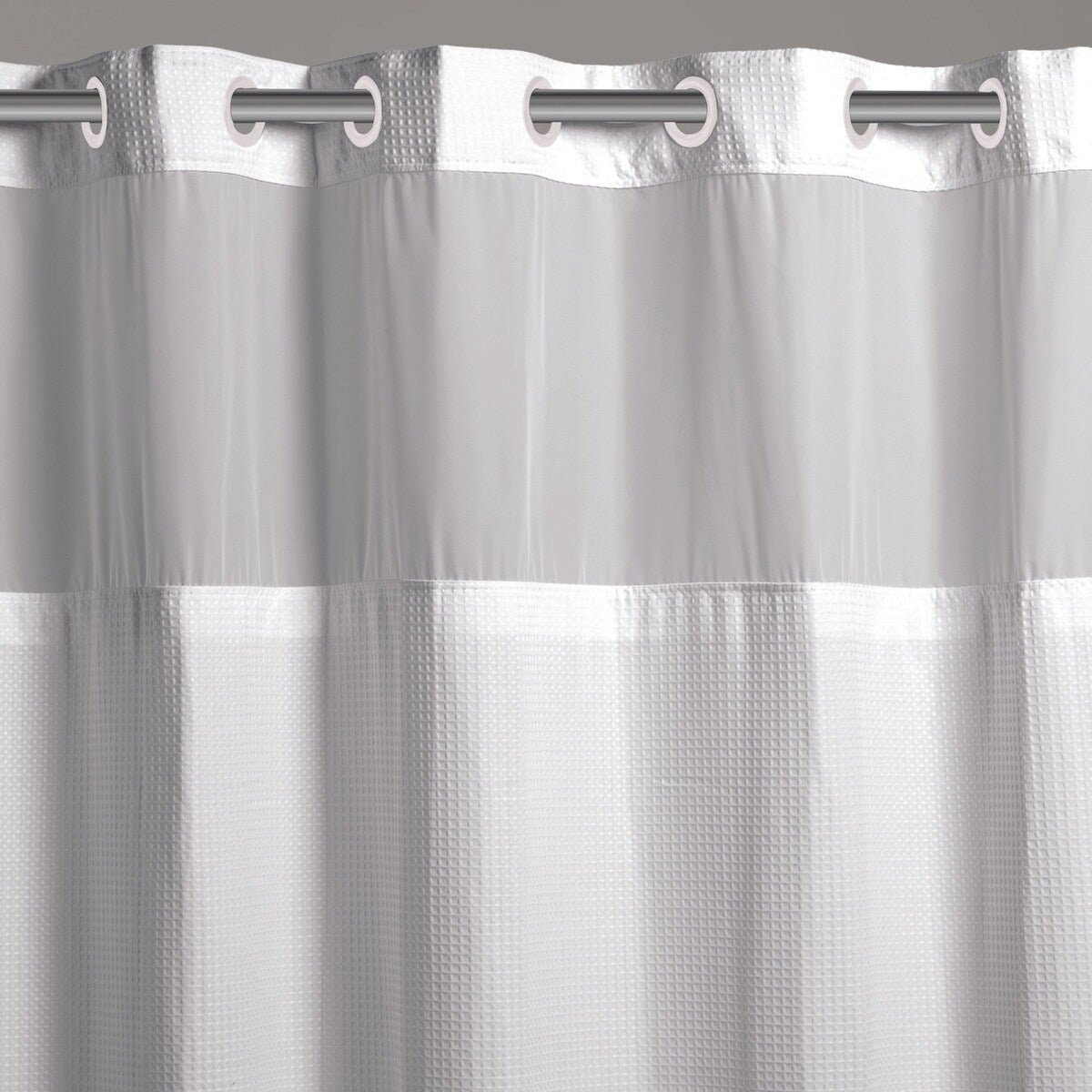 Rideau de douche 3 en 1 en microfibre sans crochets avec fenêtre supérieure transparente, anneaux flexibles et doublure PEVA