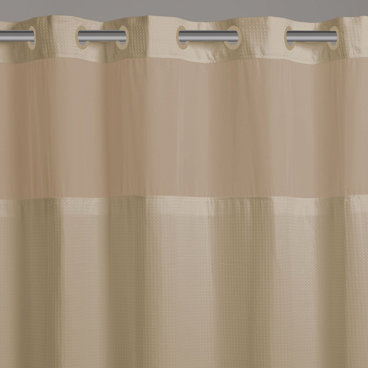 Rideau de douche 3 en 1 en microfibre sans crochets avec fenêtre supérieure transparente, anneaux flexibles et doublure PEVA