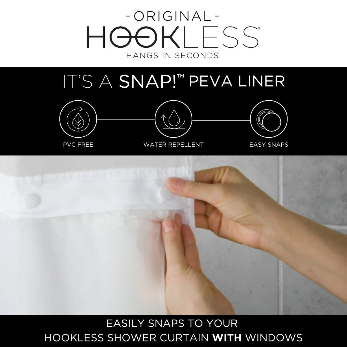 Rideau de douche 3 en 1 en microfibre sans crochets avec fenêtre supérieure transparente, anneaux flexibles et doublure PEVA