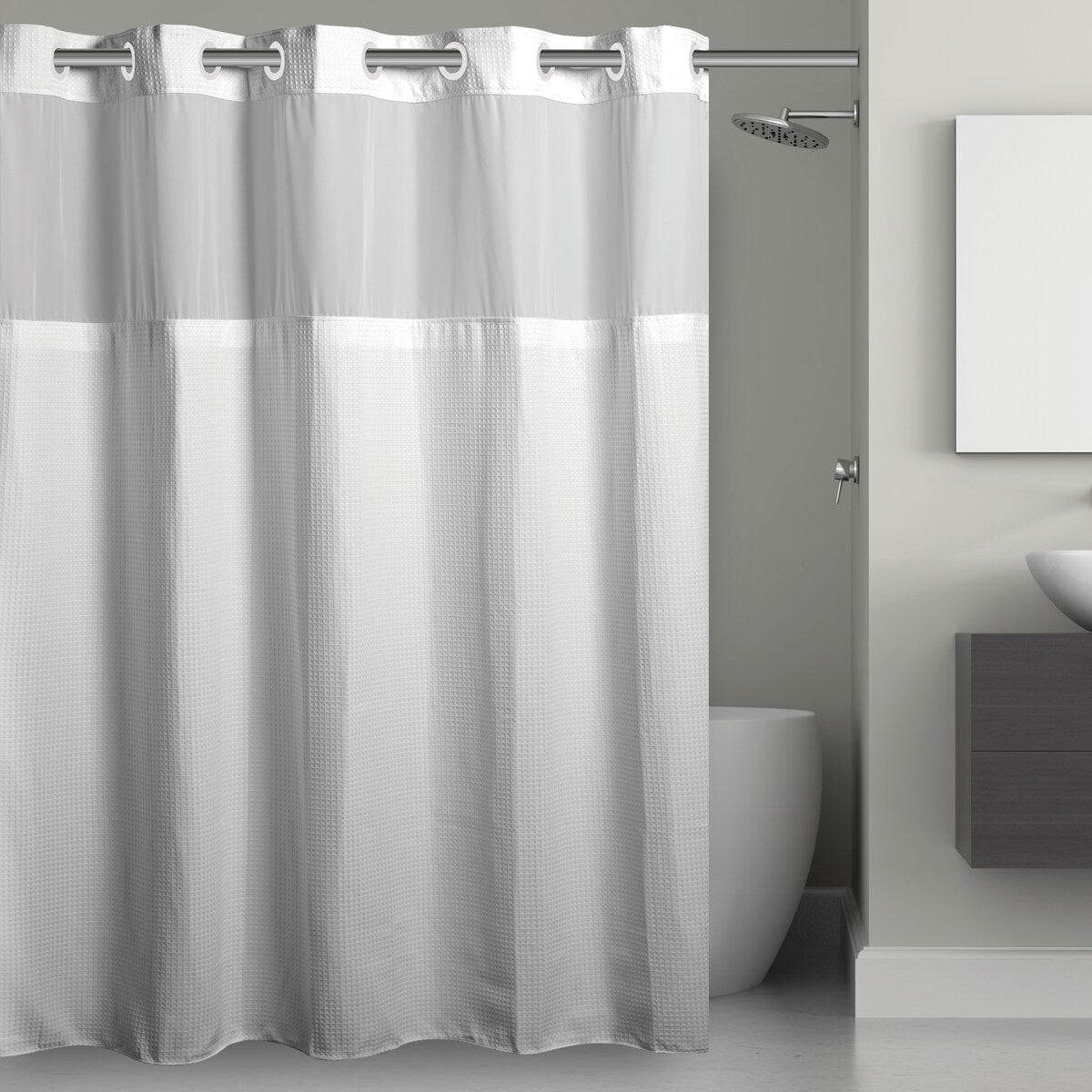 Rideau de douche 3 en 1 en microfibre sans crochets avec fenêtre supérieure transparente, anneaux flexibles et doublure PEVA