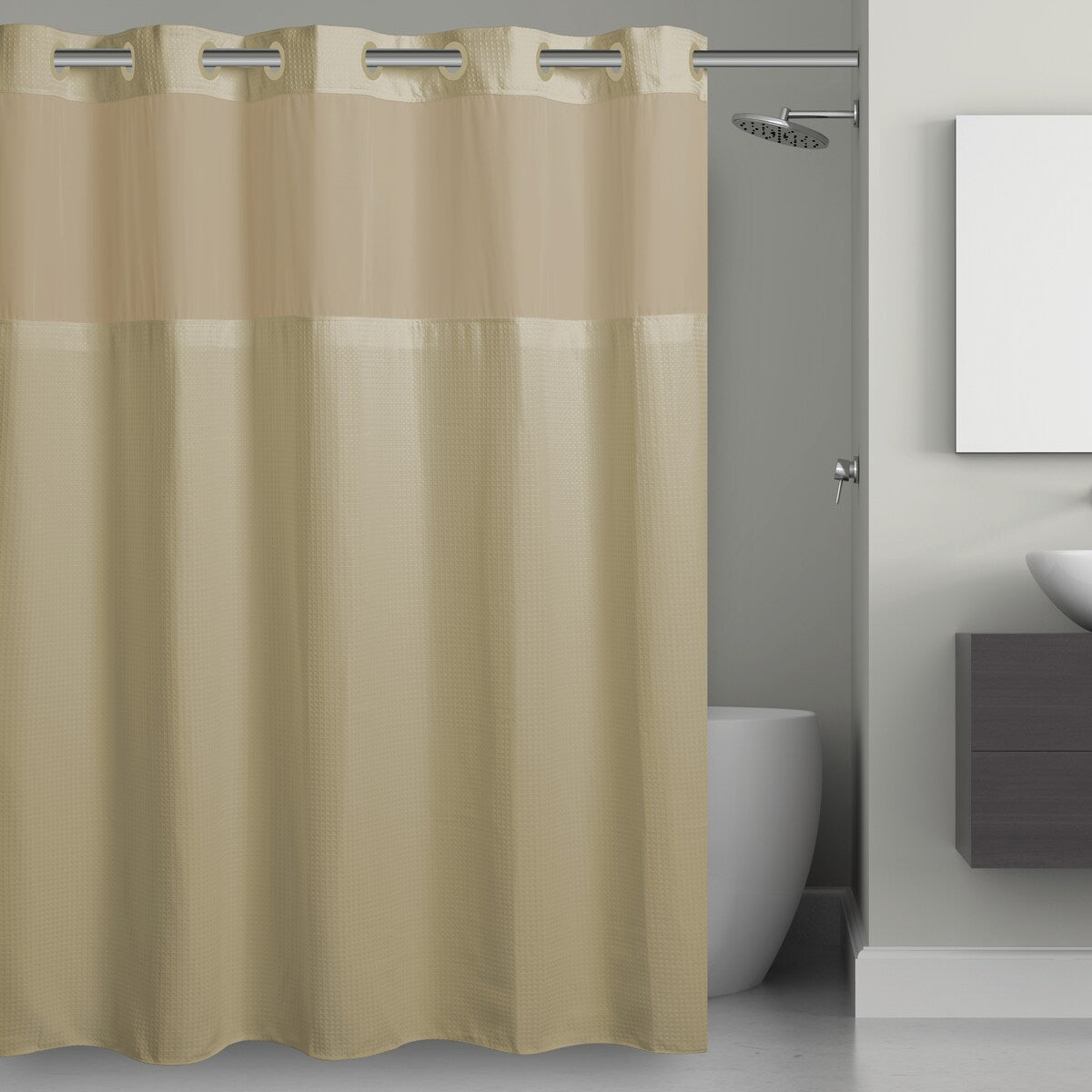 Rideau de douche 3 en 1 en microfibre sans crochets avec fenêtre supérieure transparente, anneaux flexibles et doublure PEVA