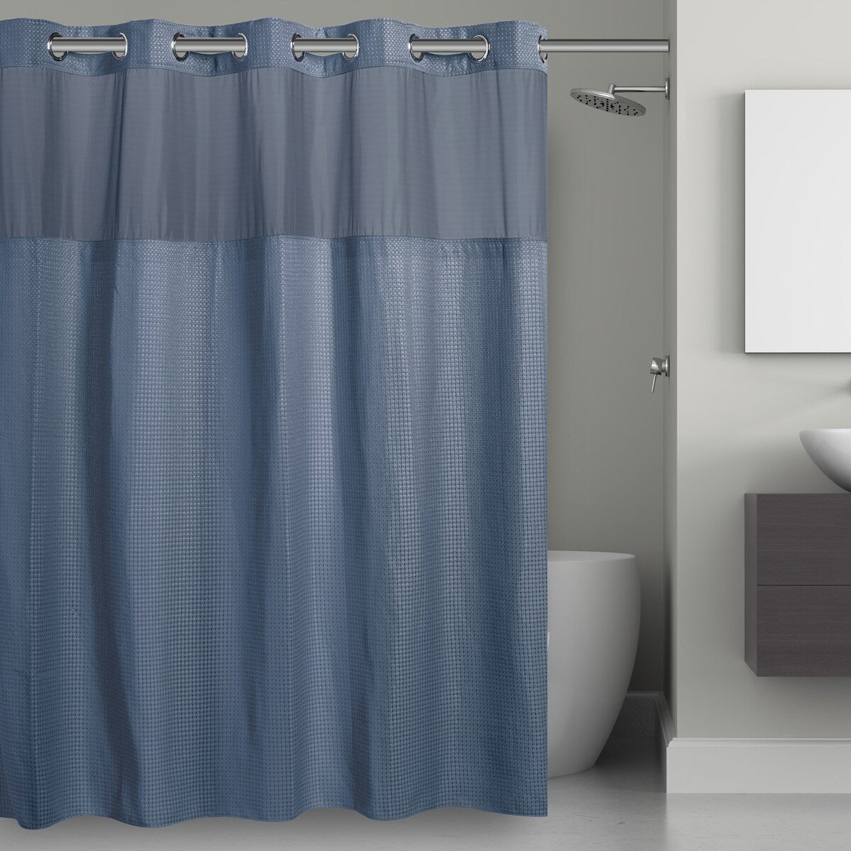 Rideau de douche gaufré 3 en 1 sans crochets avec fenêtre supérieure transparente, anneaux flexibles et doublure en tissu